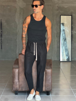 PANTALACCIO NERO  LACCIO A CONTRASTO MISTO LINO