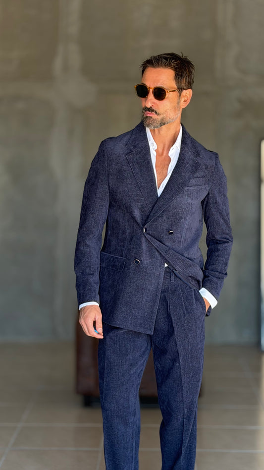 ABITO  BLU VELLUTO LISCIO DOPPIOPETTO PANTALONE FONDO REGULAR PETRO' 1060