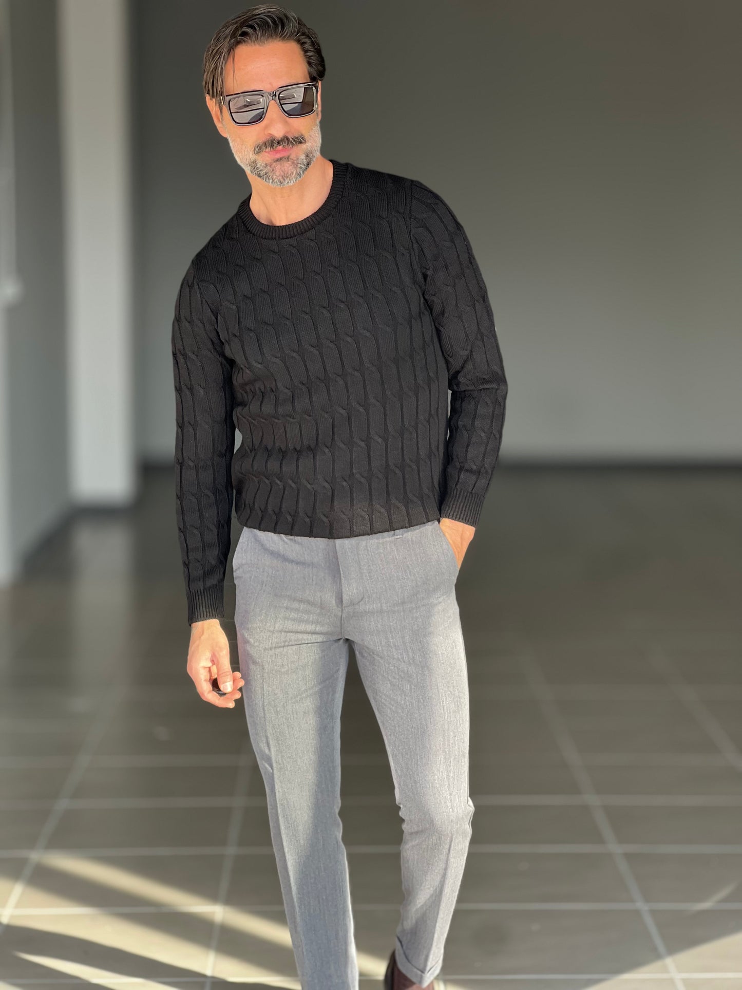 BLUE THREAD COTTON CREW NECK SWEATER