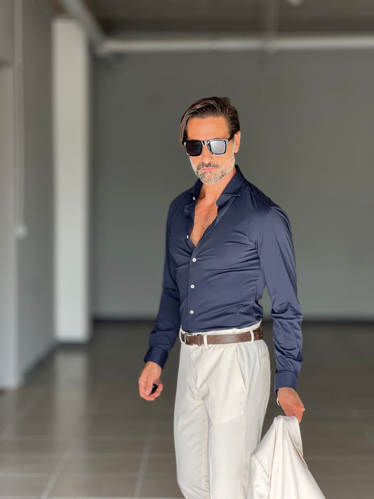 CAMICIA BLU  COTONE COLLO ITALIANO MAGLINA