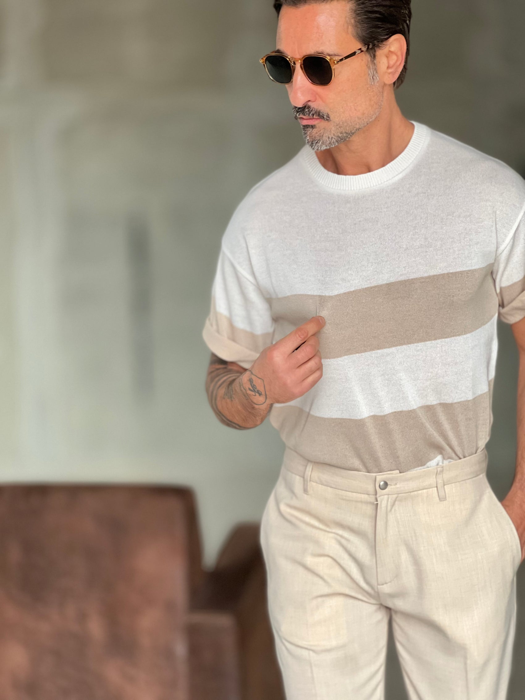 MAGLIA BIANCA RIGA GRANDE BEIGE IN FILO CROP