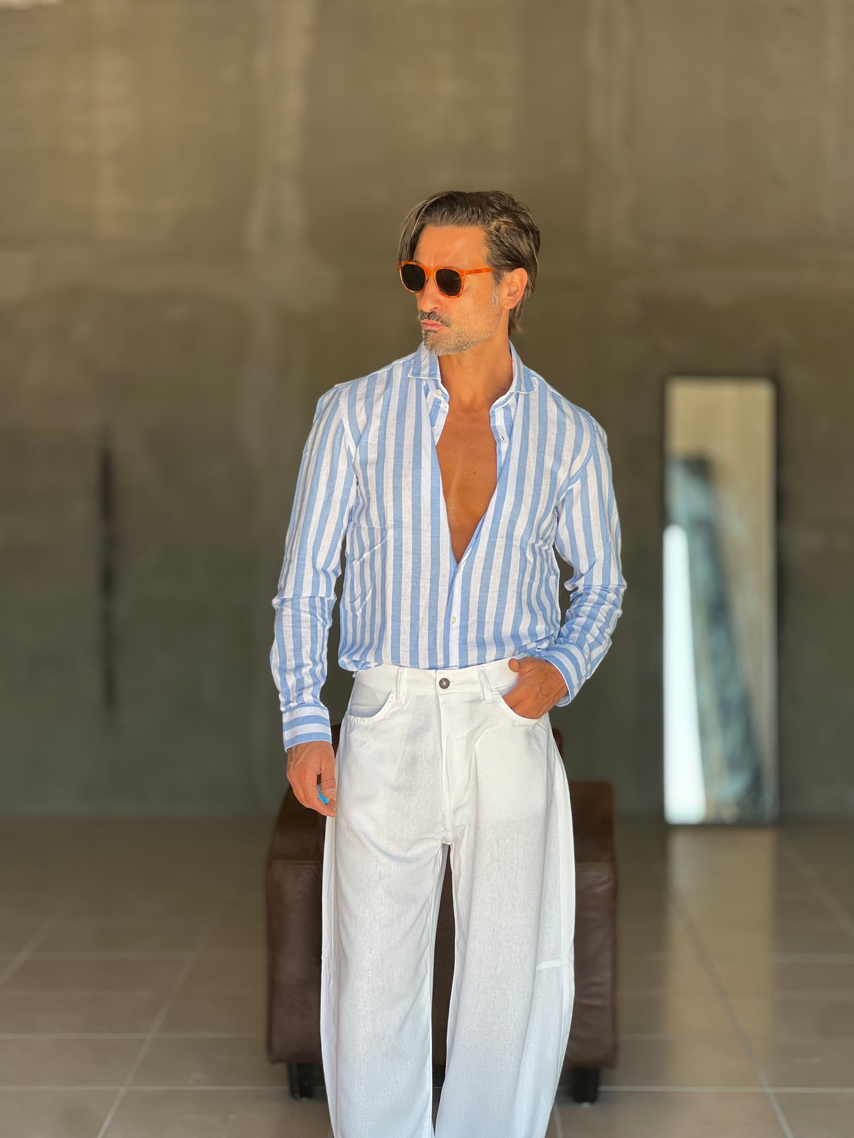 CAMICIA   BACCHETTA GRANDE  BIANCA E CELESTE  LINO E MISTI COLLO ITALIANO