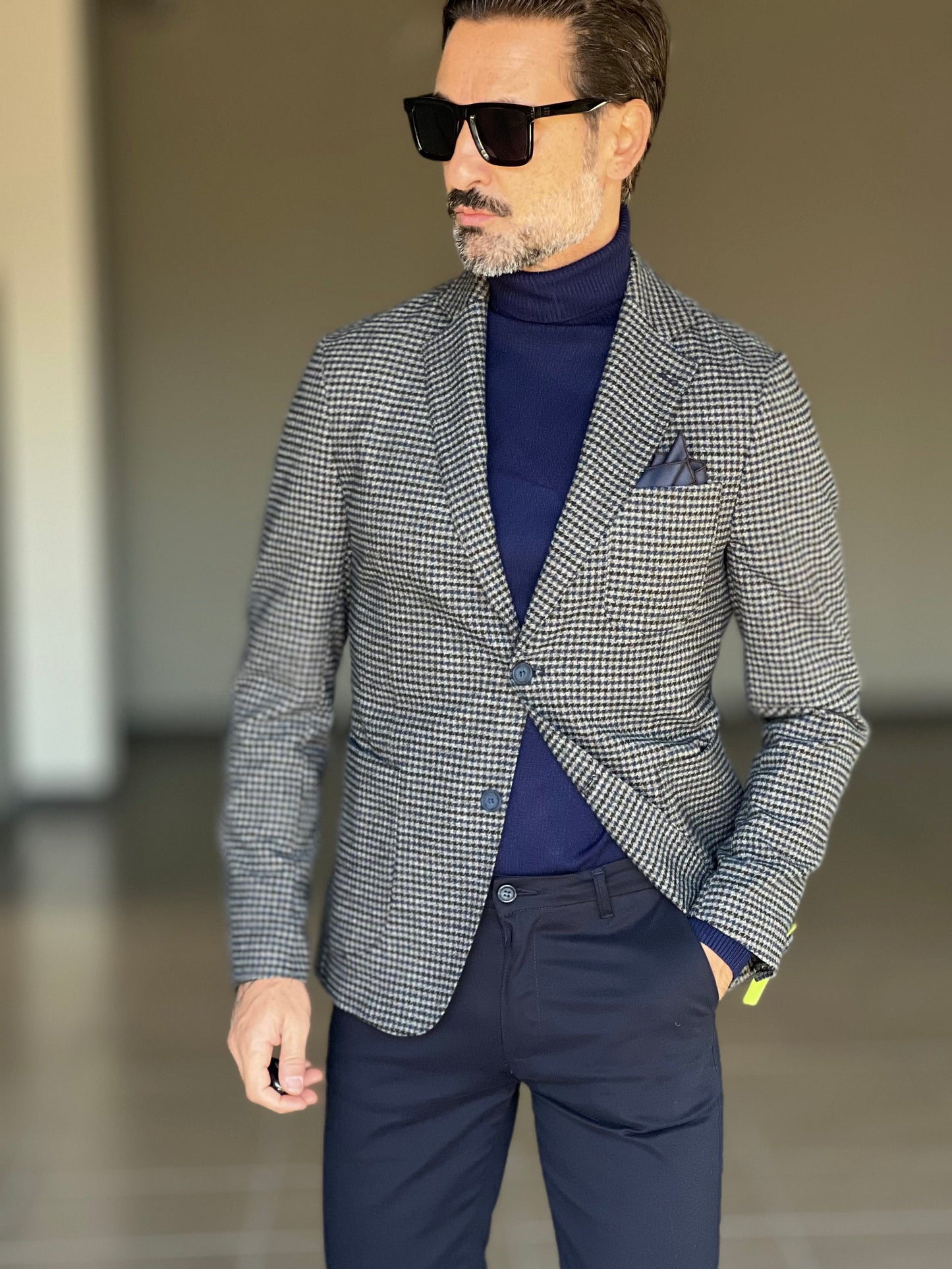 GIACCA PANNO GRIGIA MORO E BLU  PIE DE POULE TOPPE AI GOMITI