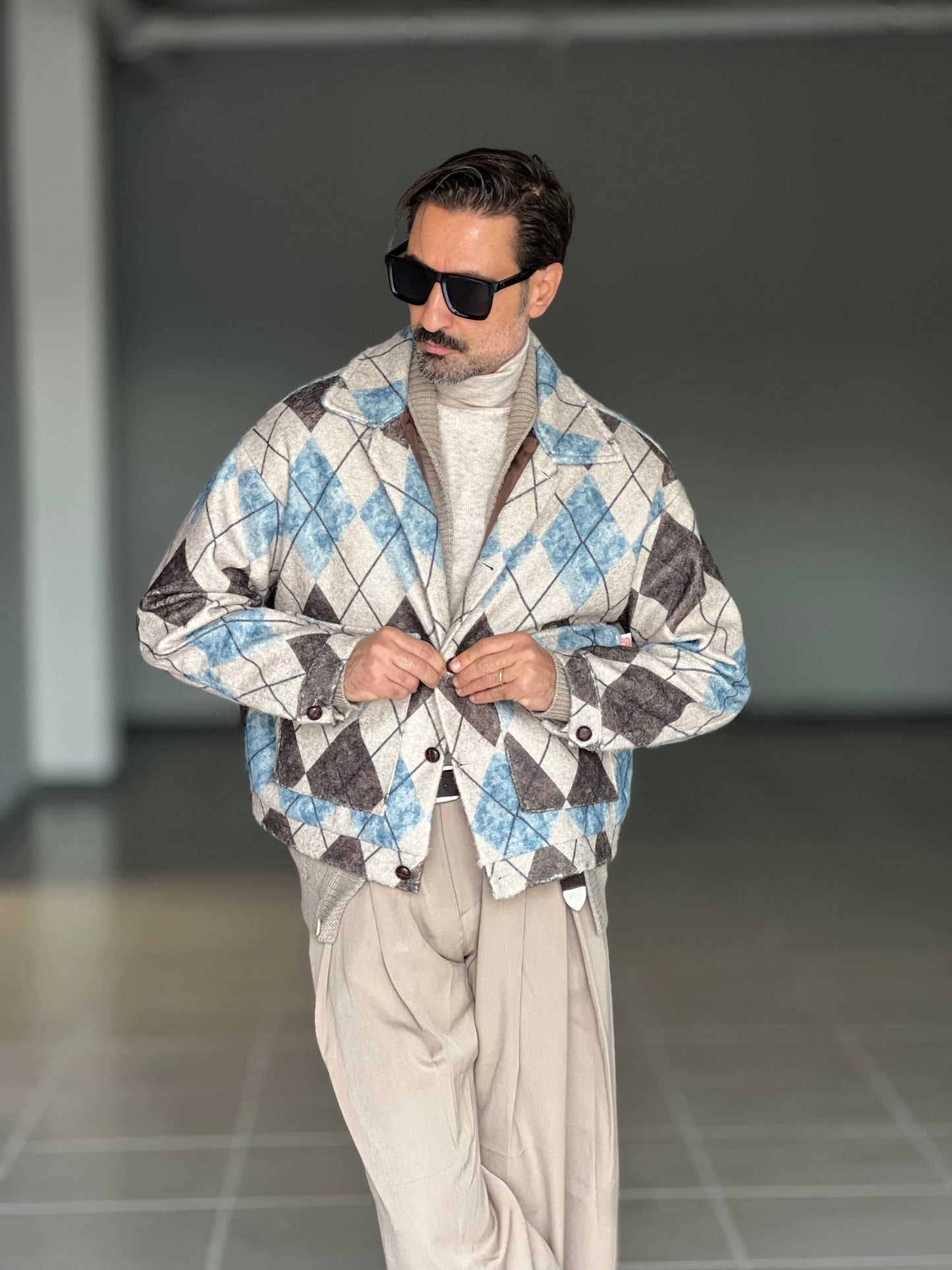 FILL JACKET ROMBO MORO PANNA E CELESTE CROP