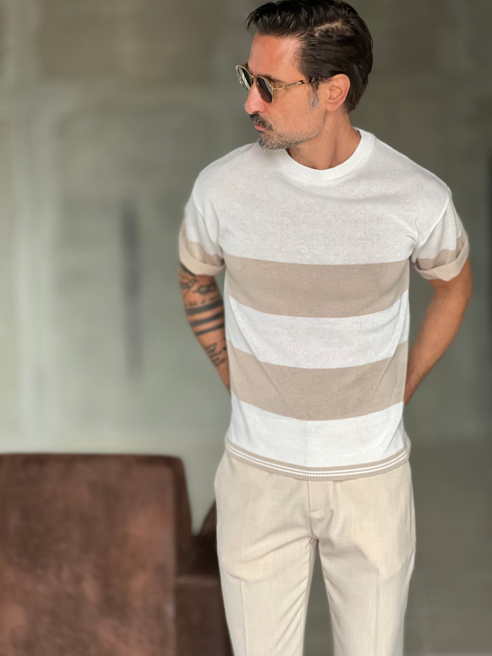MAGLIA BIANCA RIGA GRANDE BEIGE IN FILO CROP