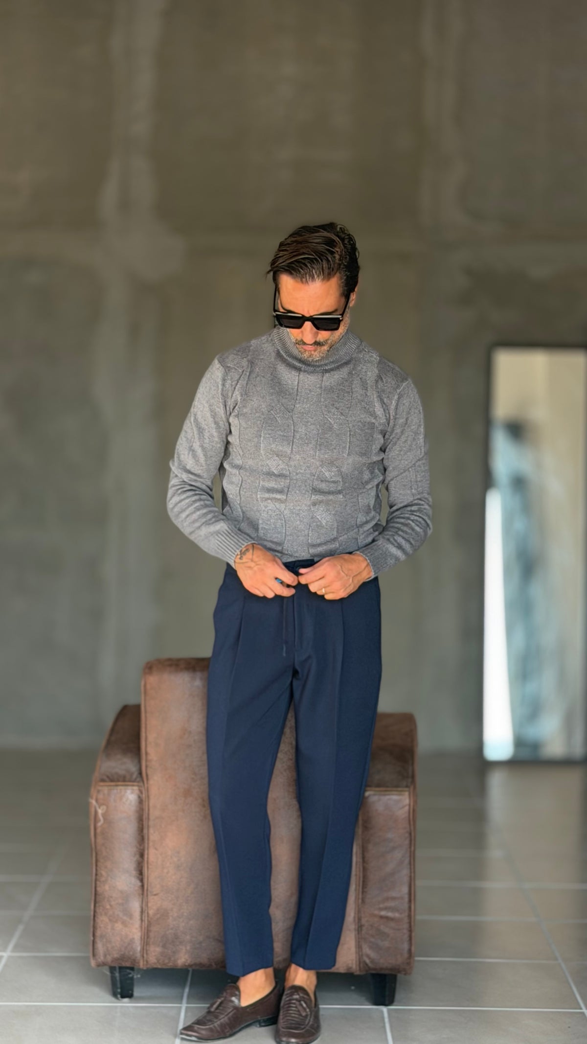 PULLOVER GRIGIO MEZZO COLLO TRECCIA VISCOSA