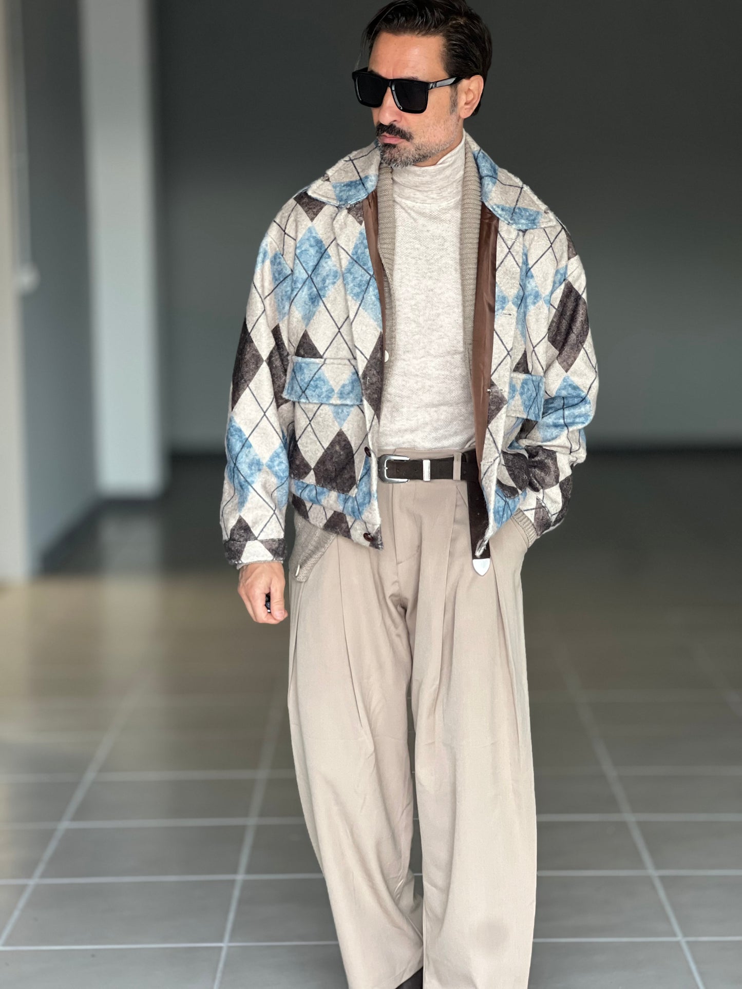 FILL JACKET ROMBO MORO PANNA E CELESTE CROP