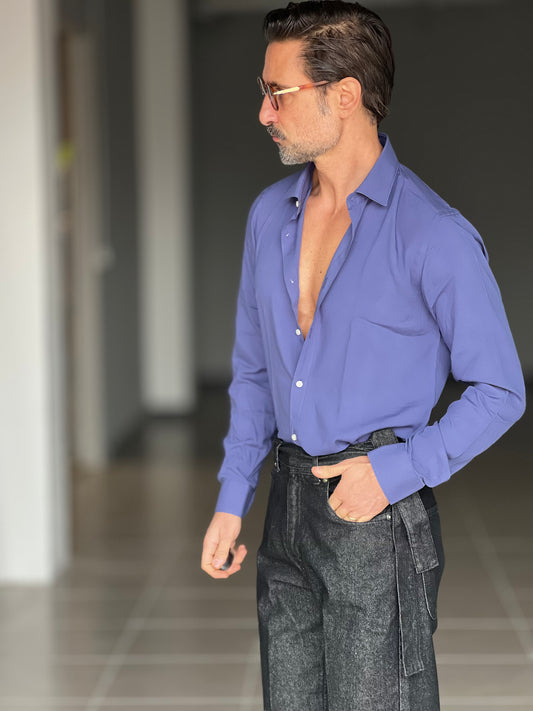 CAMICIA DEPOT  BLU INDACO COLLO PICCOLO POPELINE  DI COTONE DOPPIORITORTO