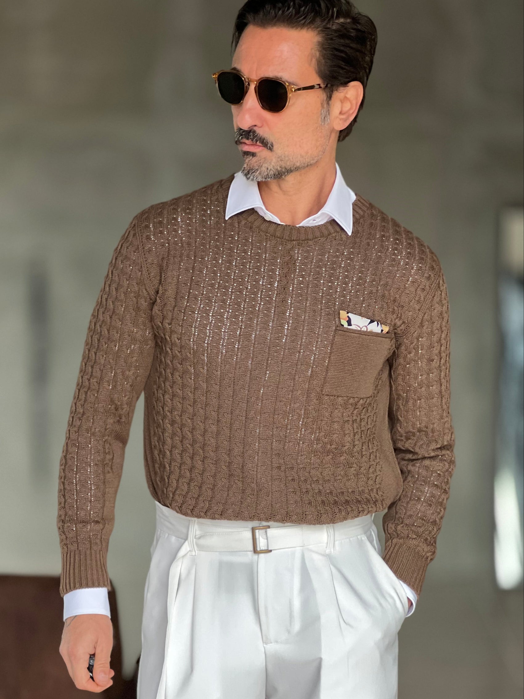 MAGLIA  MORO  TRECCIA COTONE TASCHINO