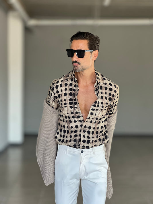 CAMICIA VISCOSA FONDO CAMMELLO POIS NERO ALTATENSIONE
