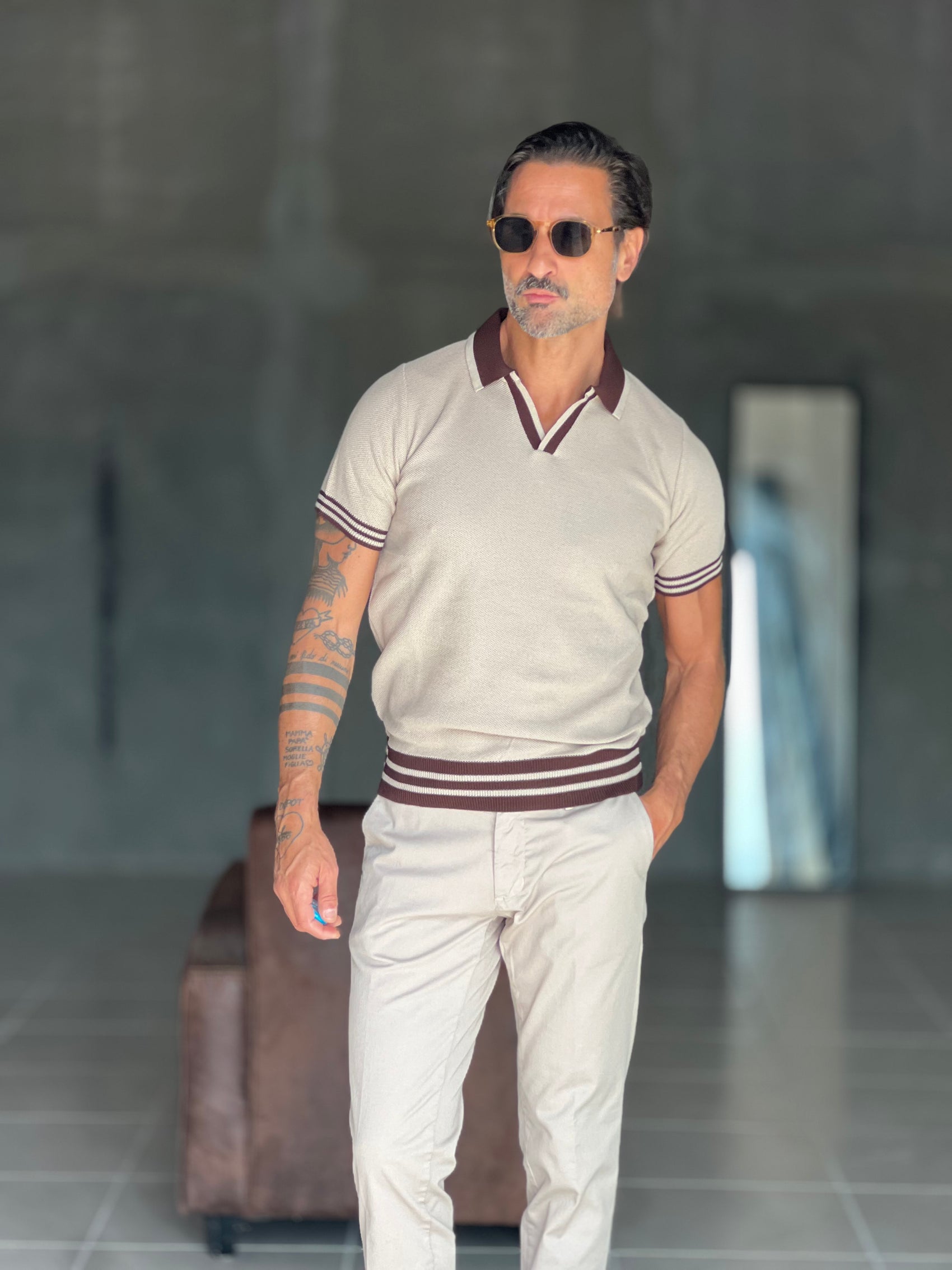 POLO BEIGE COLLO E FONDO A CONTRASTO