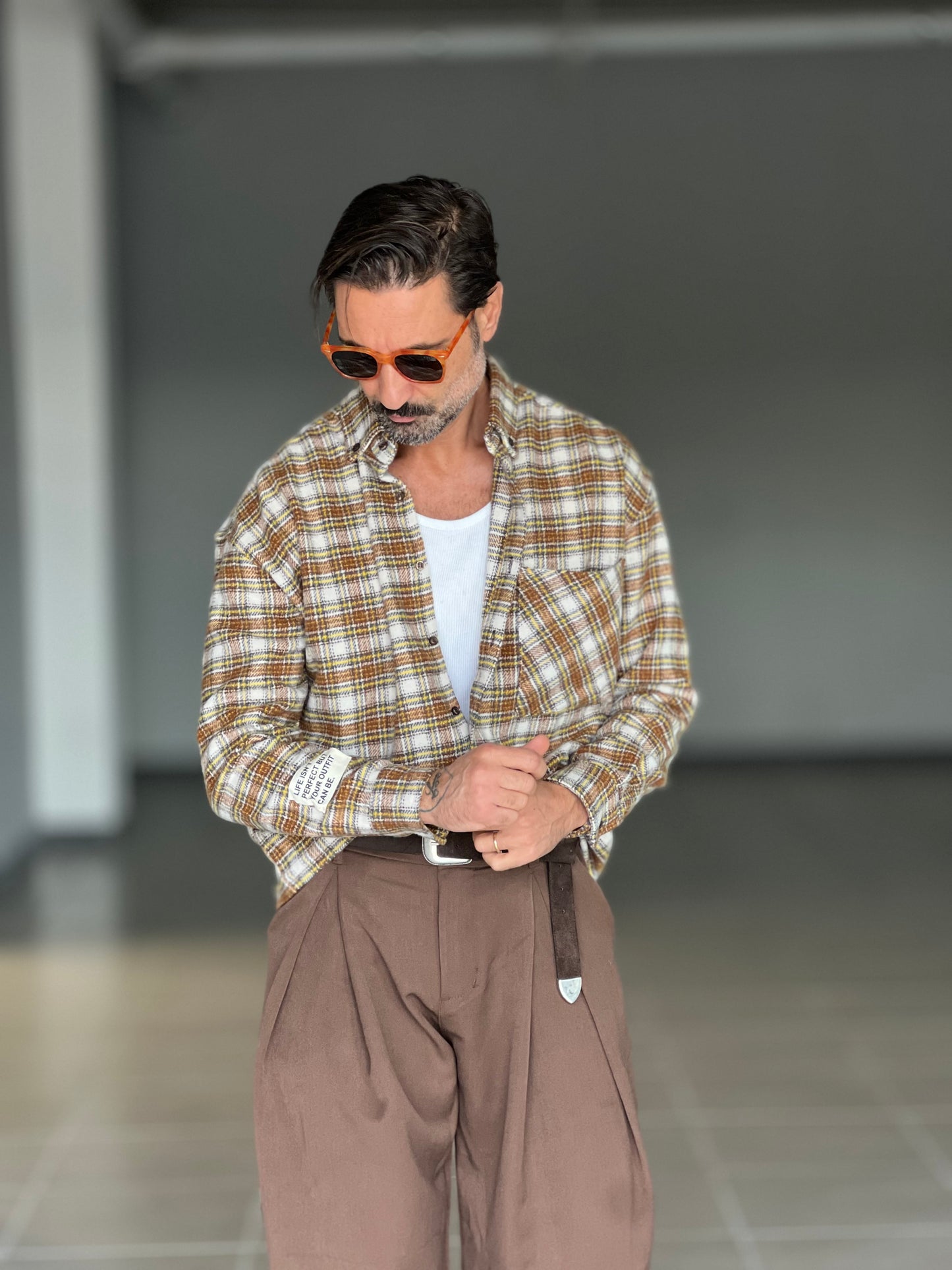 CAMICIA FLANELLA TARTAN CAMMELLO E PANNA