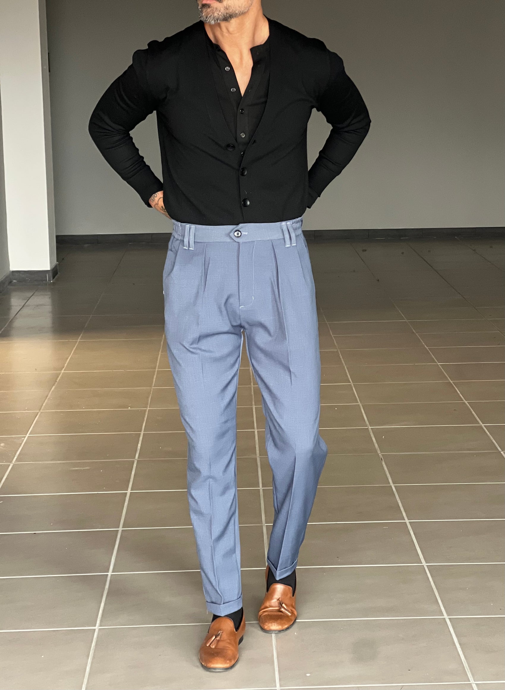 PANTALONE INDACO VISCOSA FIAMMATO UNA PINCES