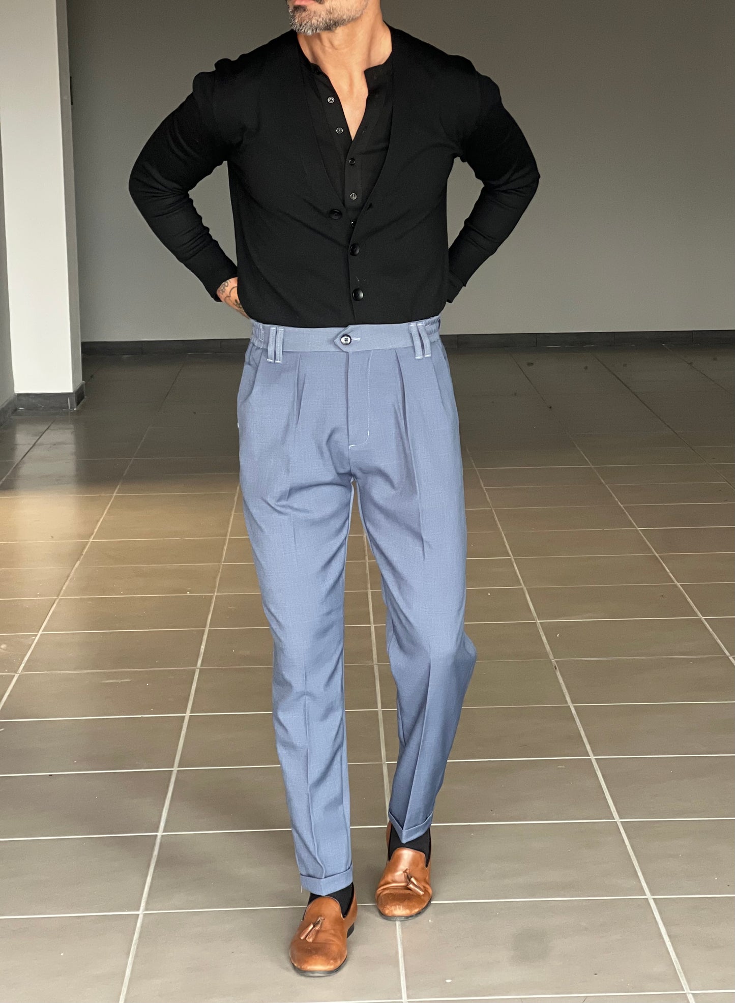 PANTALONE INDACO VISCOSA FIAMMATO UNA PINCES