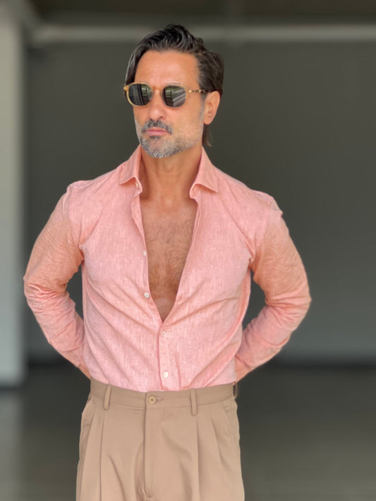 CAMICIA  ARANCIO  LINO E MISTI COLLO ITALIANO