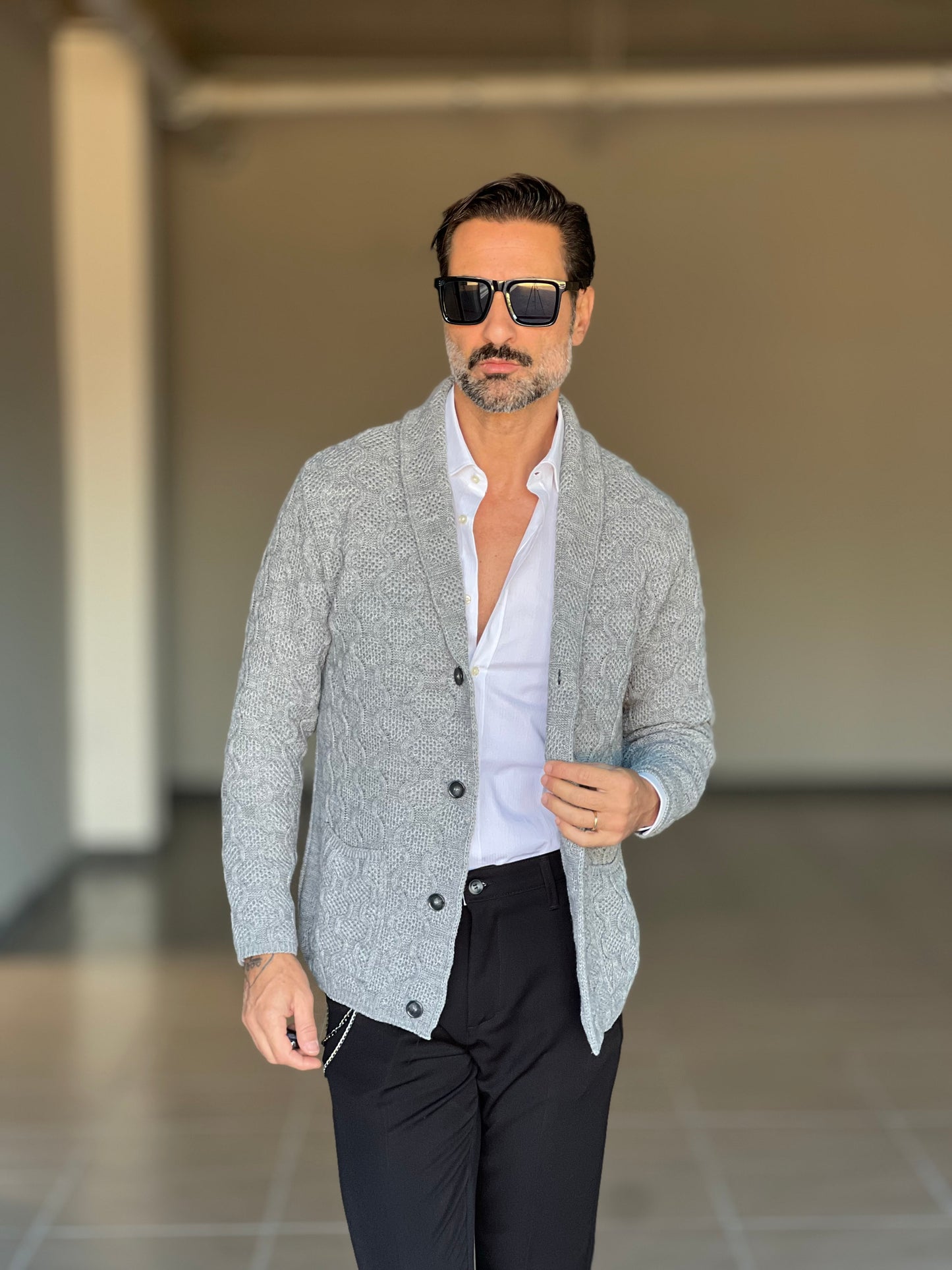 CARDIGAN GIACCA GRIGIO LAVORAZIONE A RILIEVO