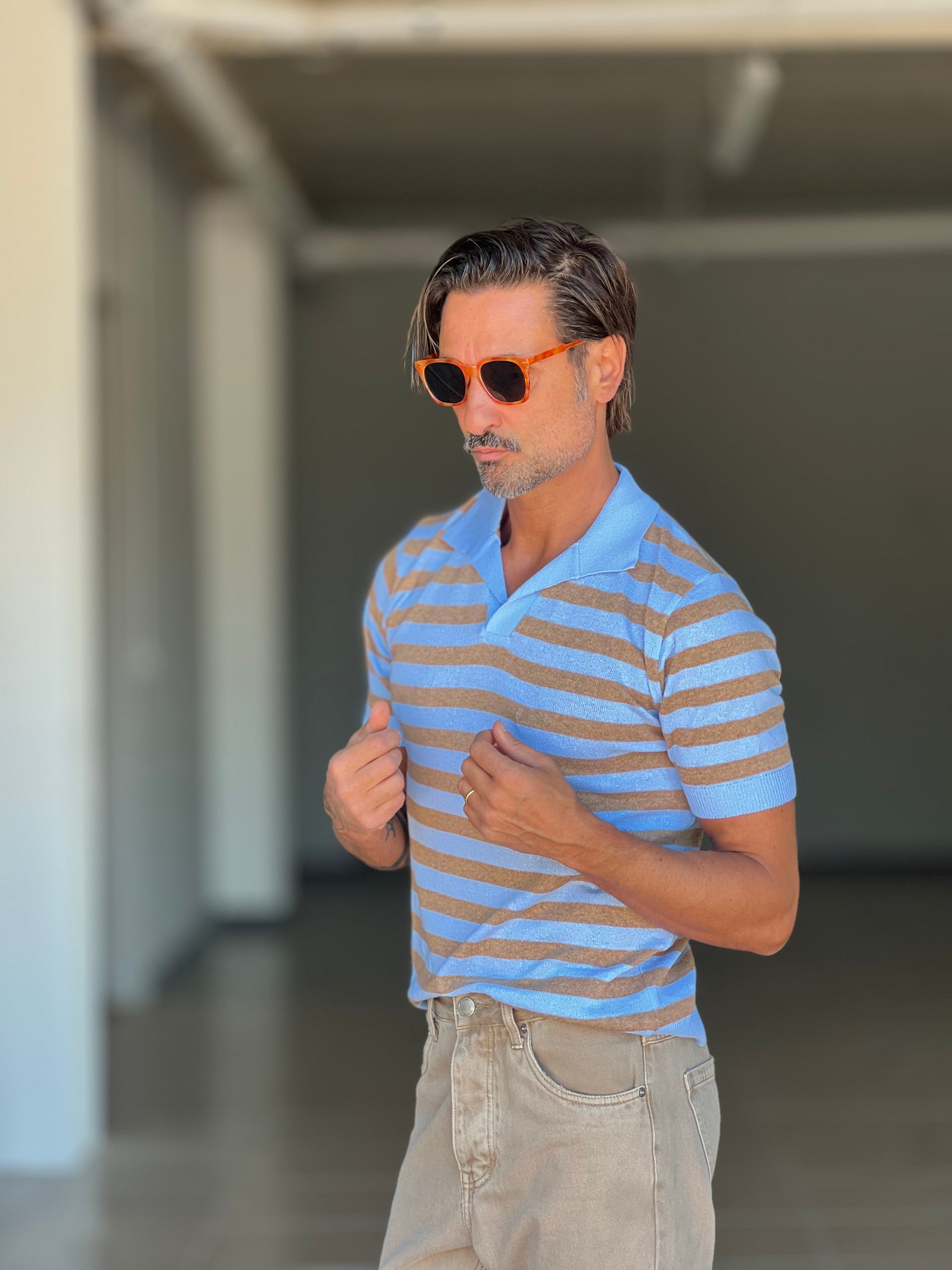 POLO  RIGA AZZURRA E CAMMELLO 0077