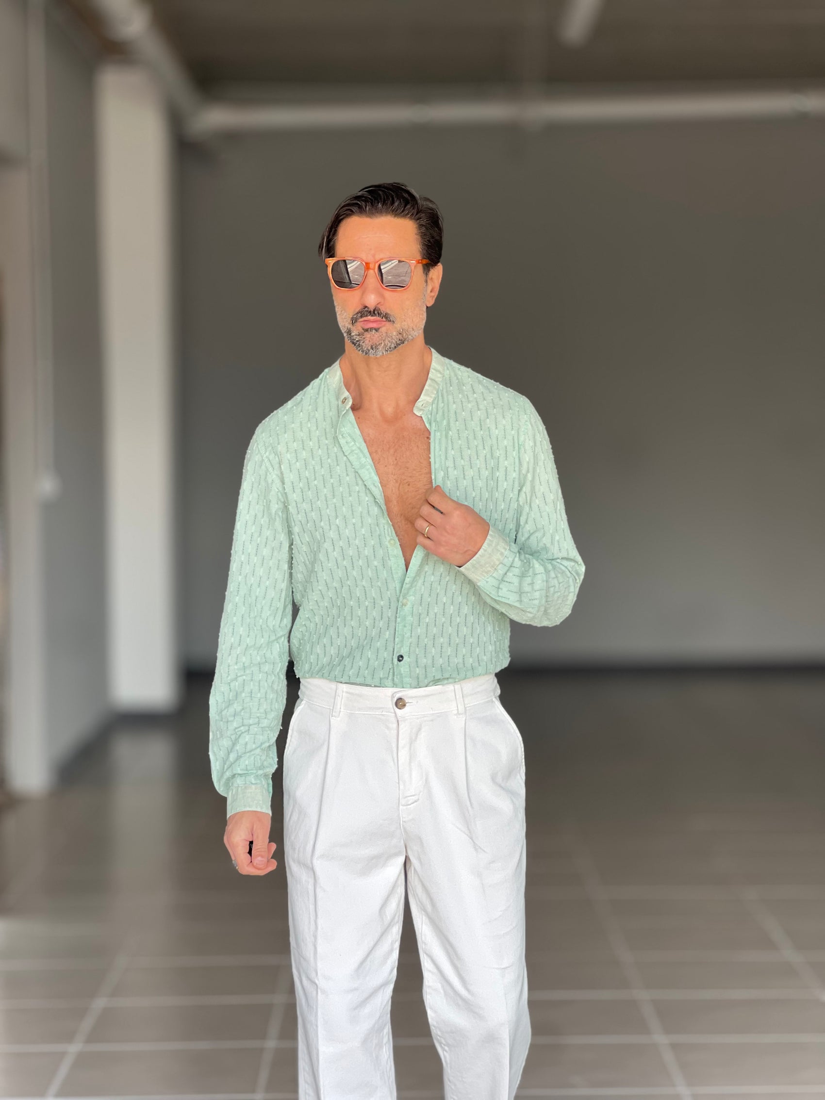 CAMICIA KOON VERDE ACQUA LINO E COTONE LAVORAZIONE TRAMATA 0046