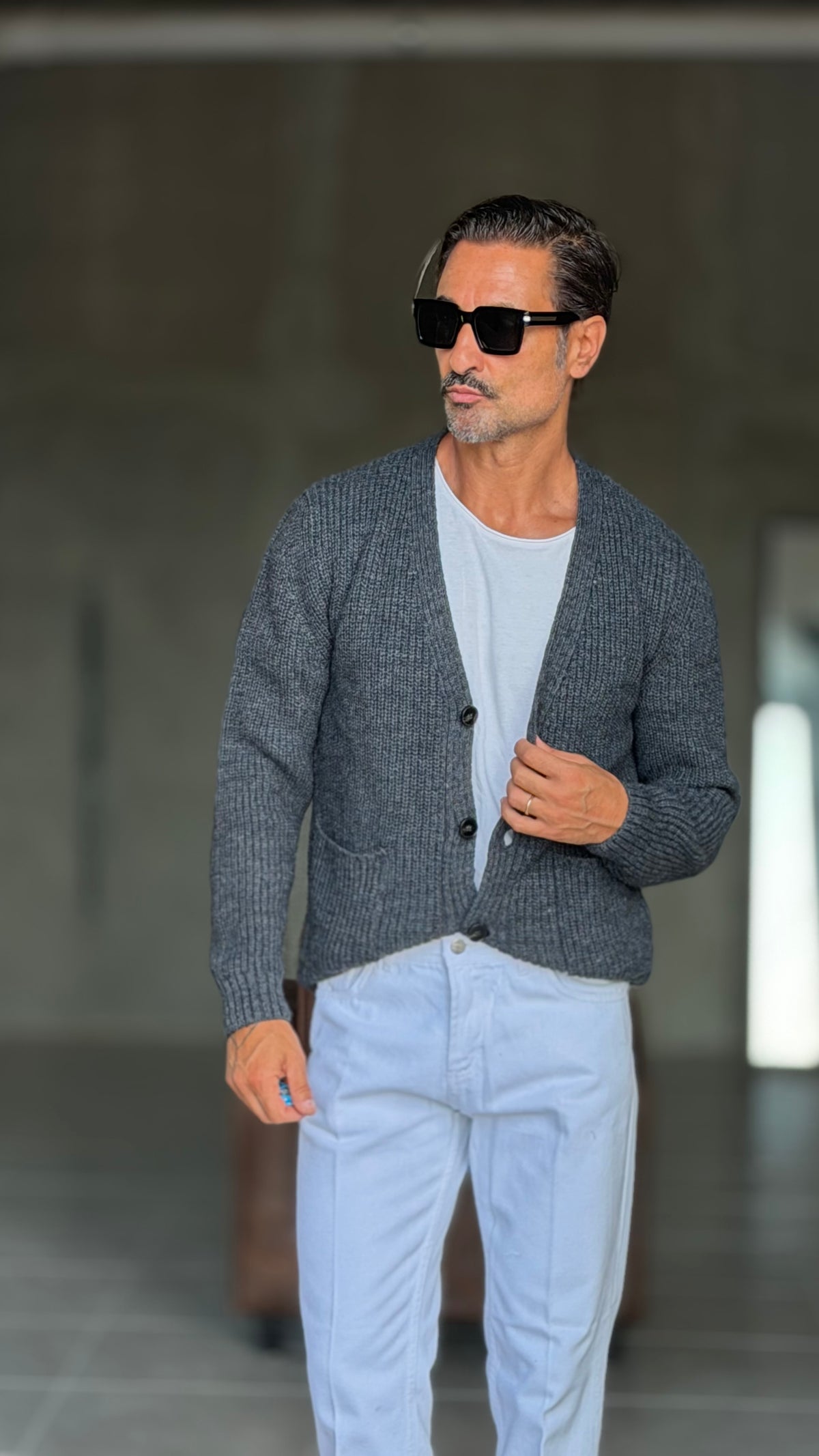 CARDIGAN GRIGIO PIOMBO LANA ALPACA VISCOSA MAGLIA INGLESE ALTATENSIONE (