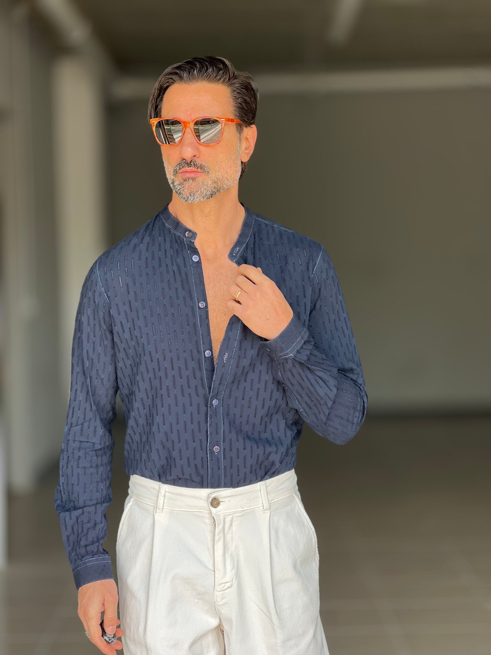 CAMICIA KOON BLU  LINO E COTONE LAVORAZIONE TRAMATA