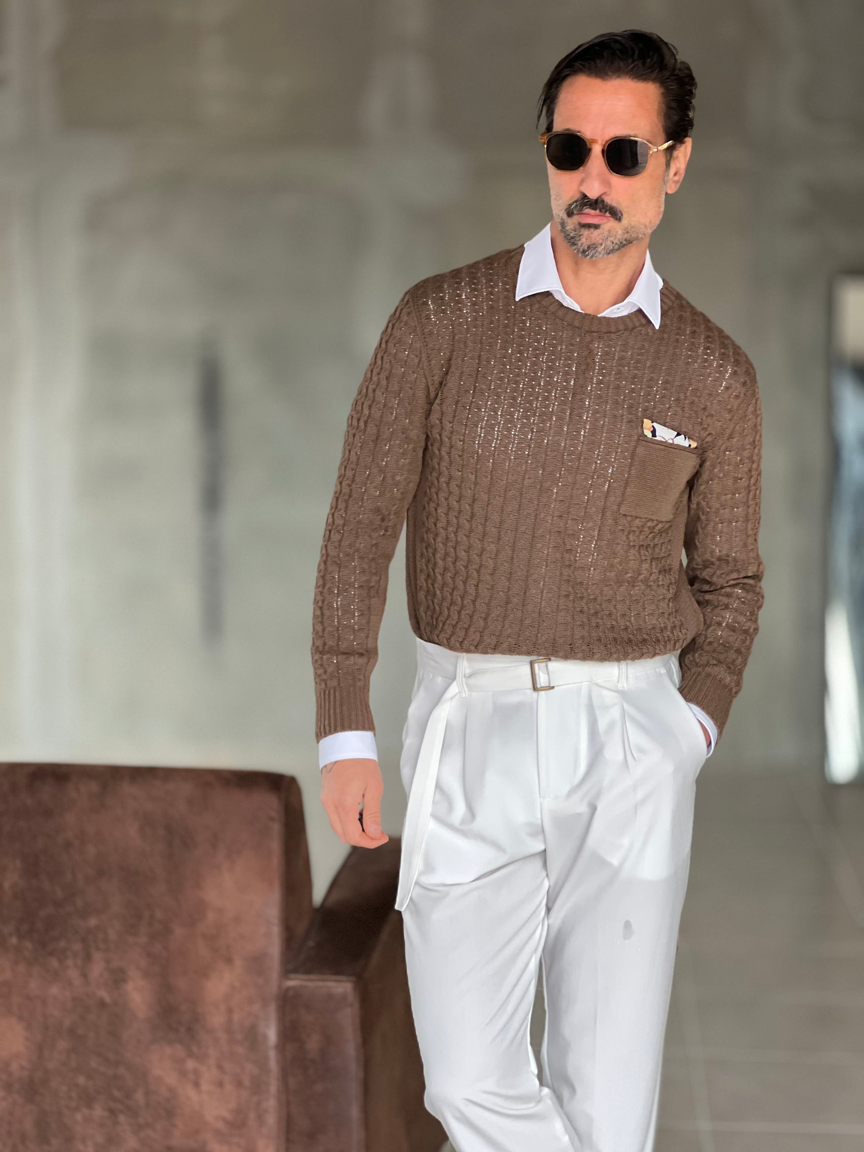 MAGLIA  MORO  TRECCIA COTONE TASCHINO