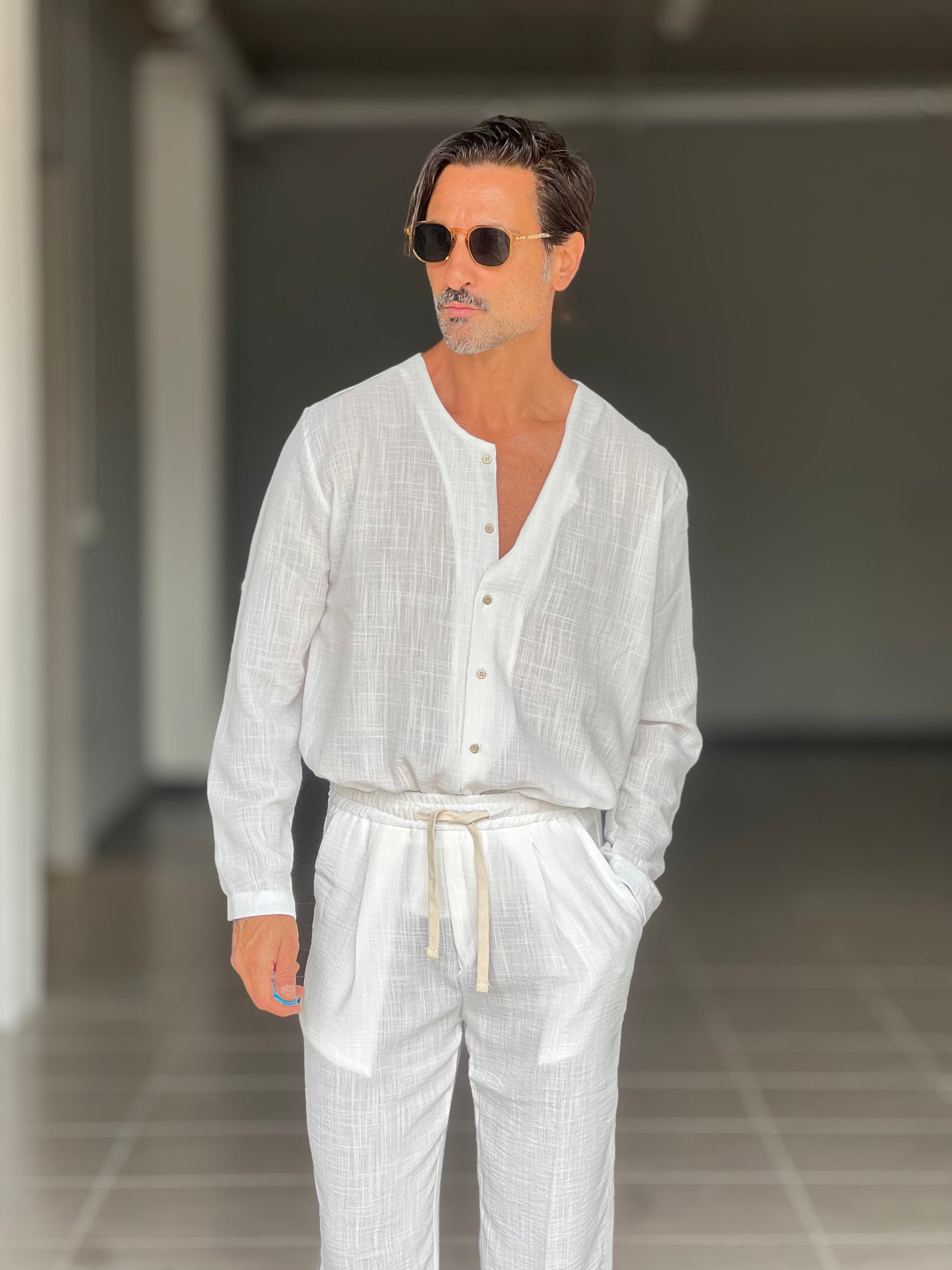 COORDINATO CAMICIA  PANTALACCIO BIANCO COREANA GIROCOLLO COTENE VISCOSA EFFETTO LINO. 00201