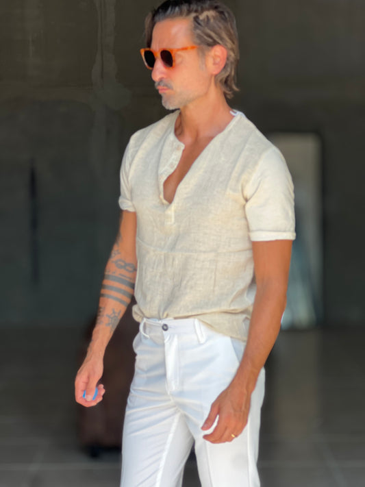 T SHIRT SERAFINO CREMA  MISTO LINO
