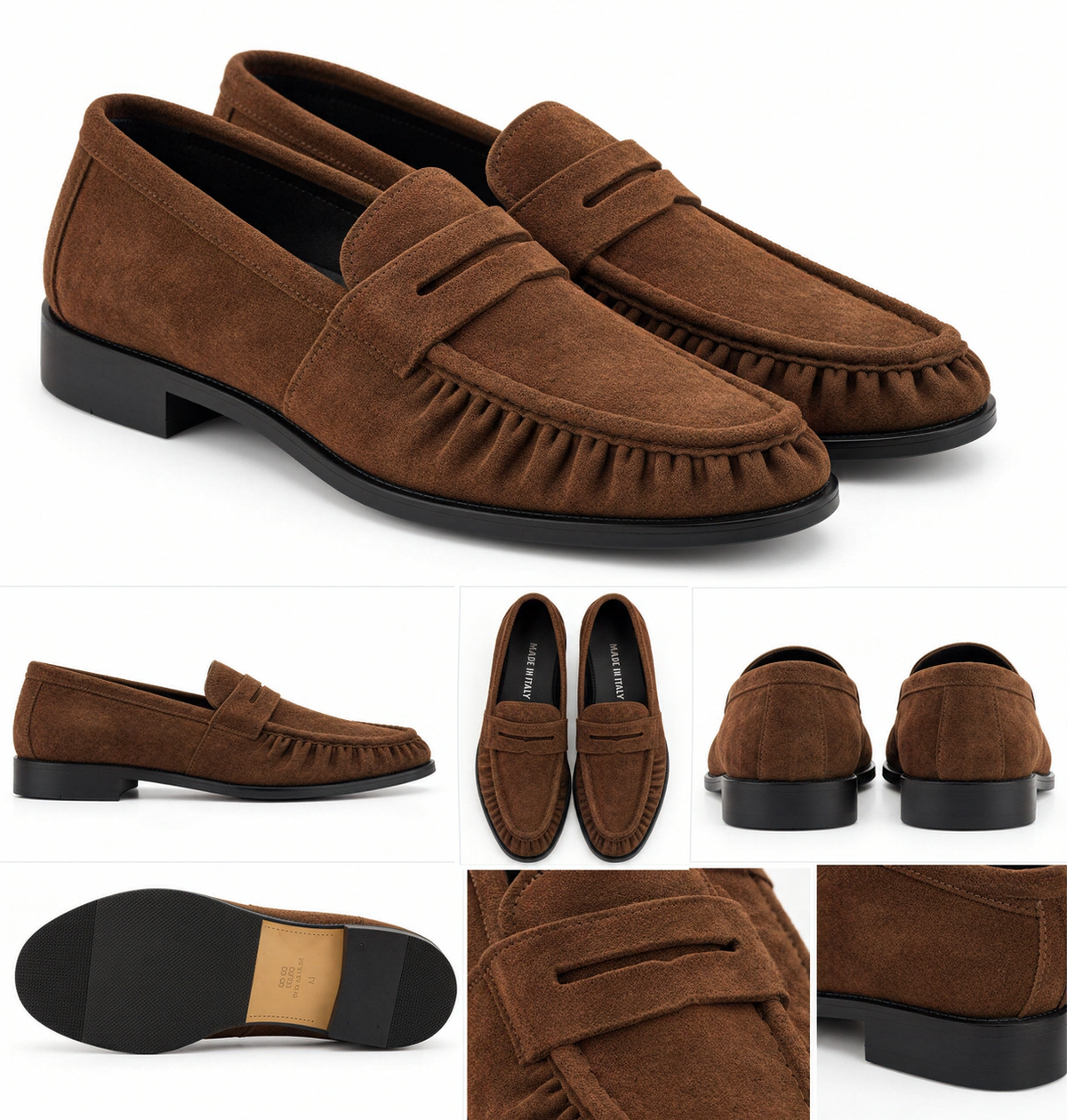 MOCASSINO MARRONE BRUCIATO CAMOSCIO  PELLE   ARRICCIATO FONDO GOMMA