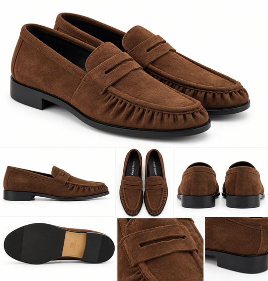 MOCASSINO MARRONE BRUCIATO CAMOSCIO  PELLE   ARRICCIATO FONDO GOMMA