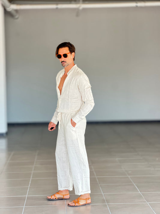 WHITE VISCOSE TROUSERS WITH REGULAR BOTTOM