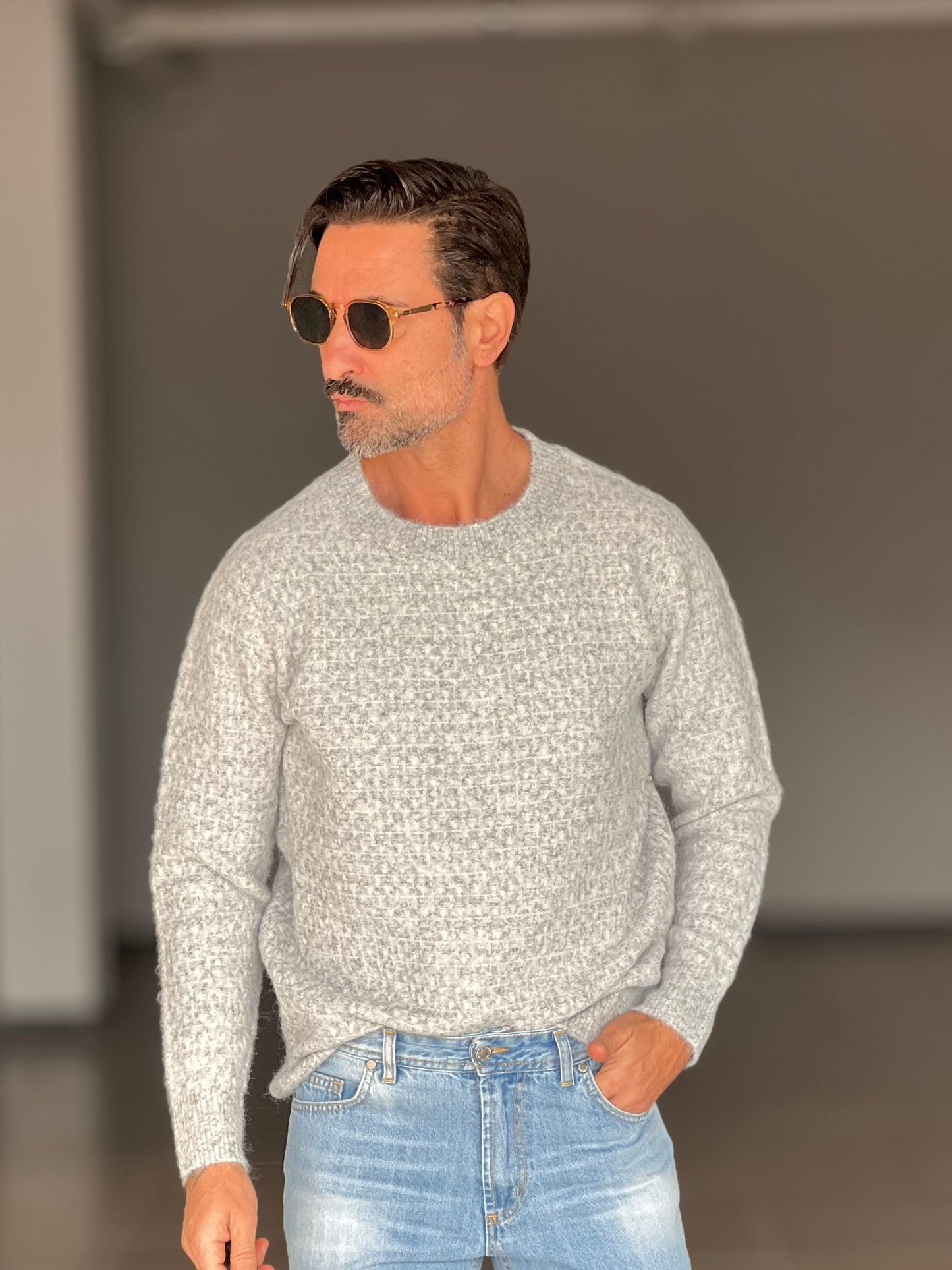 MAGLIA GIRO GRIGIA MICROFANTASIA MISTO LANA