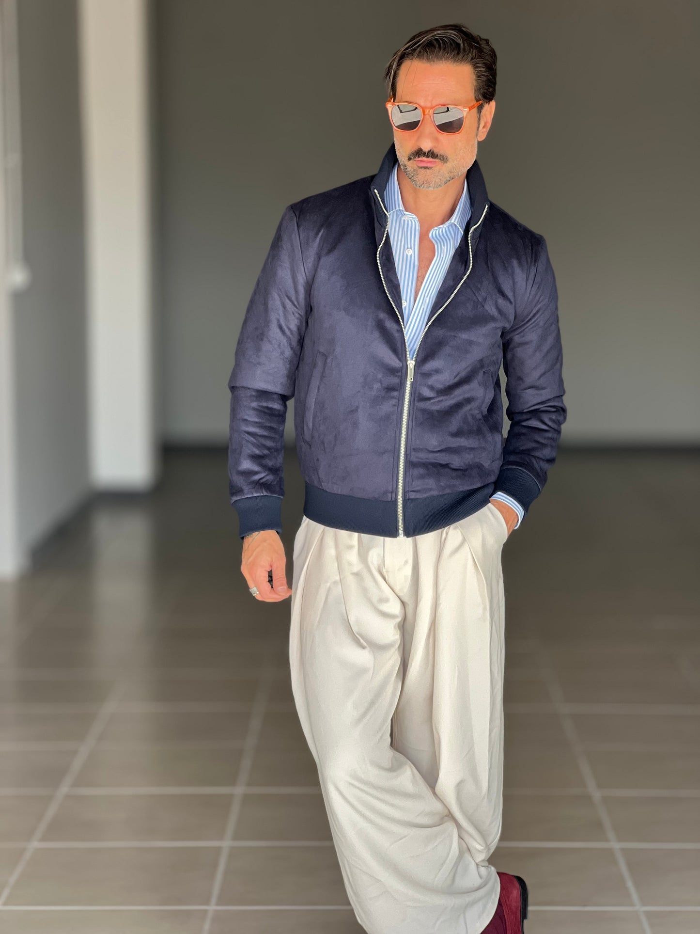 BOMBER ECOSUED BLU  COLLO IN MAGLIA