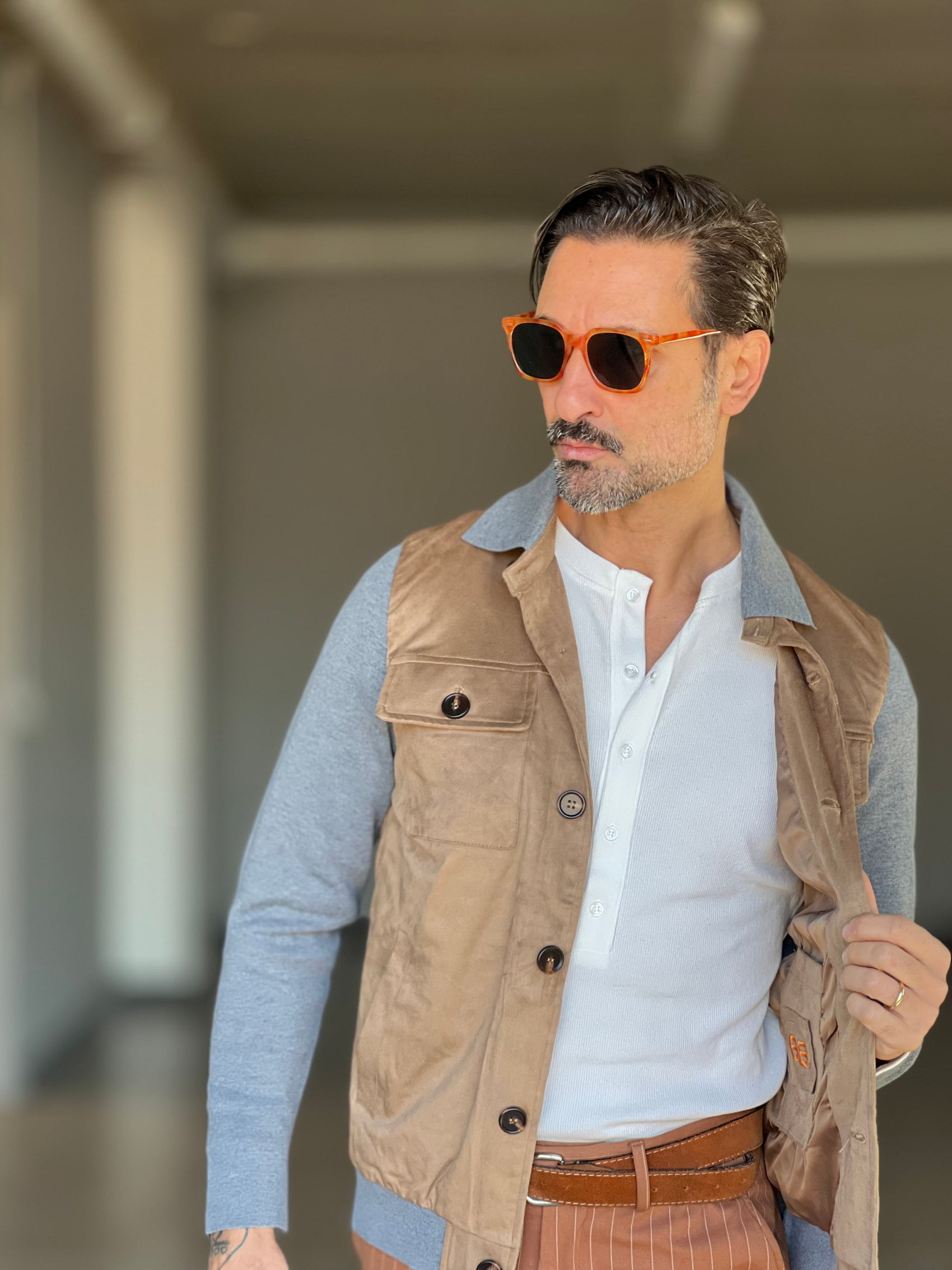 COLLEGE CAMMELLO E GRIGIO  ECORENNA MANICA A CONTRASTO COLLO CAMICIA 006