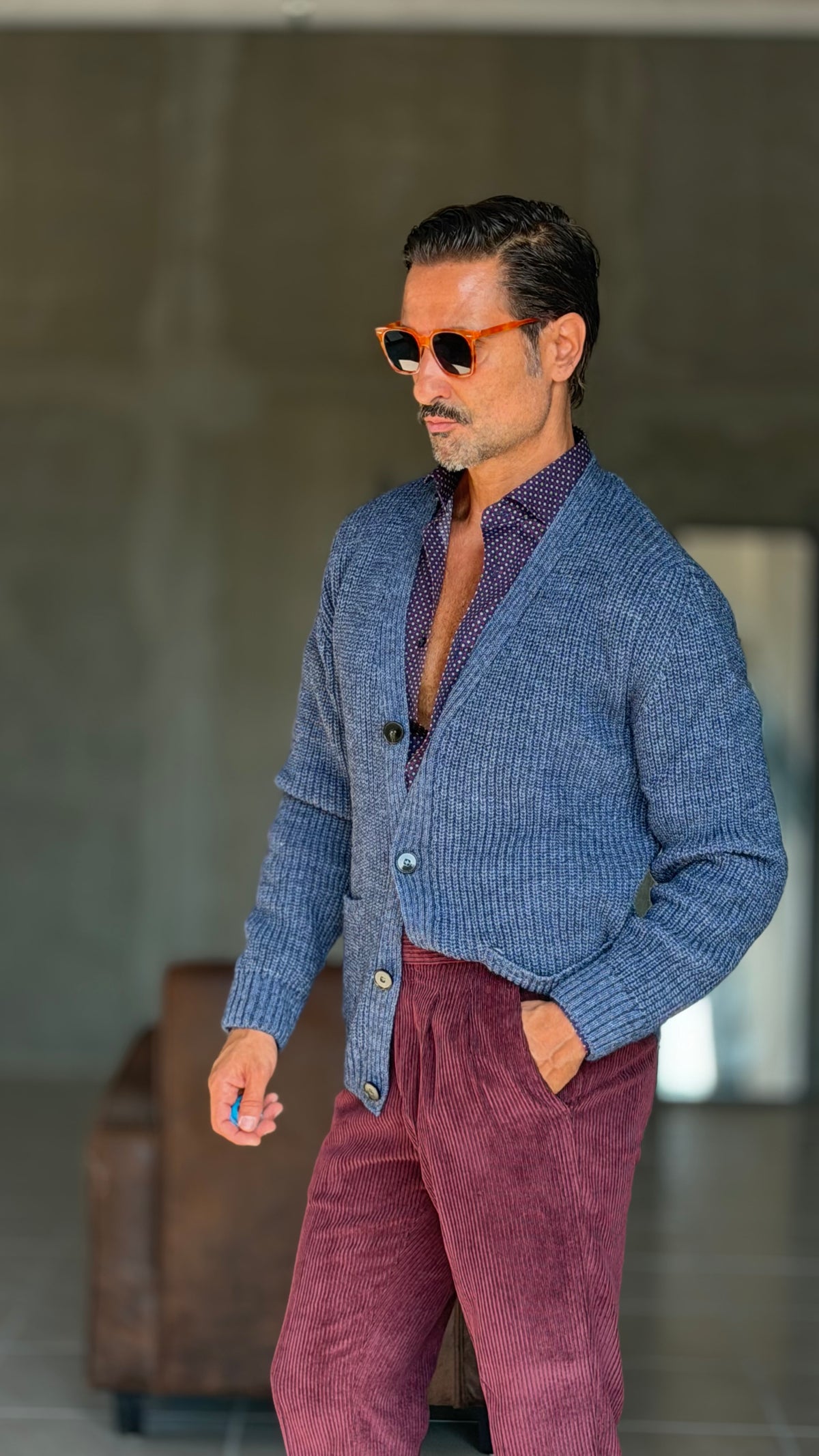 CARDIGAN POLVERE   LANA ALPACA VISCOSA MAGLIA INGLESE ALTATENSIONE