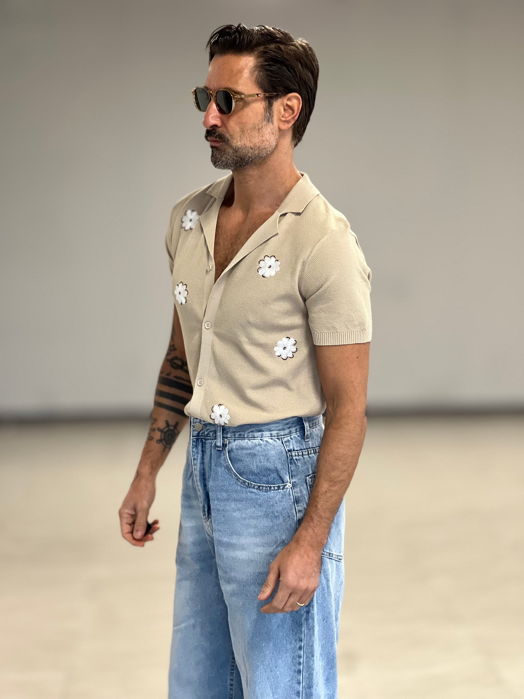 POLO  CAMICIA CAMMELLO    RICAMO FIORE