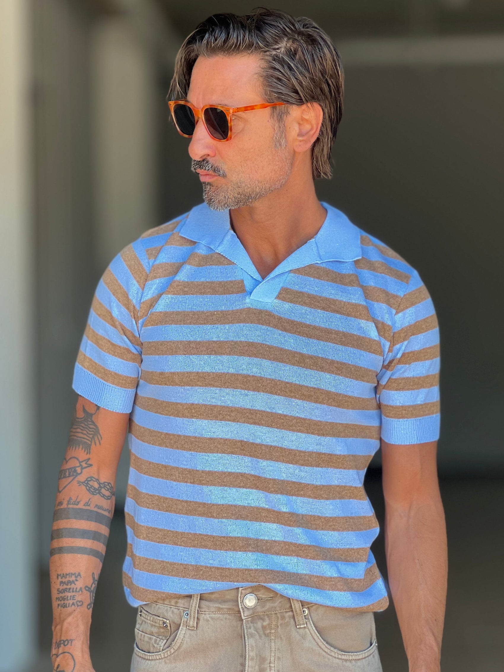 POLO  RIGA AZZURRA E CAMMELLO 0077