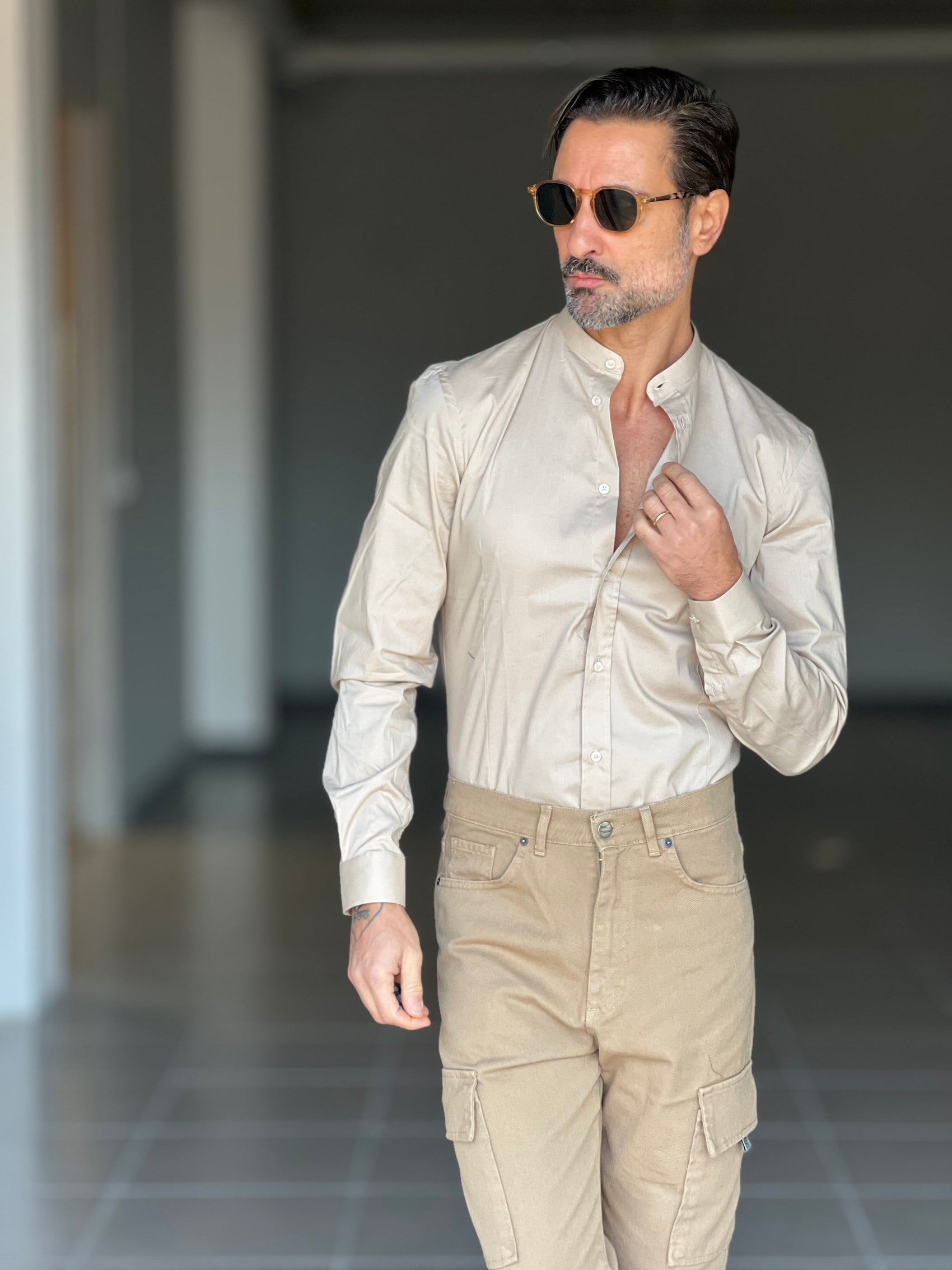 CAMICIA CAMMELLO  COREANA   POPELINE DI COTONE STRECH