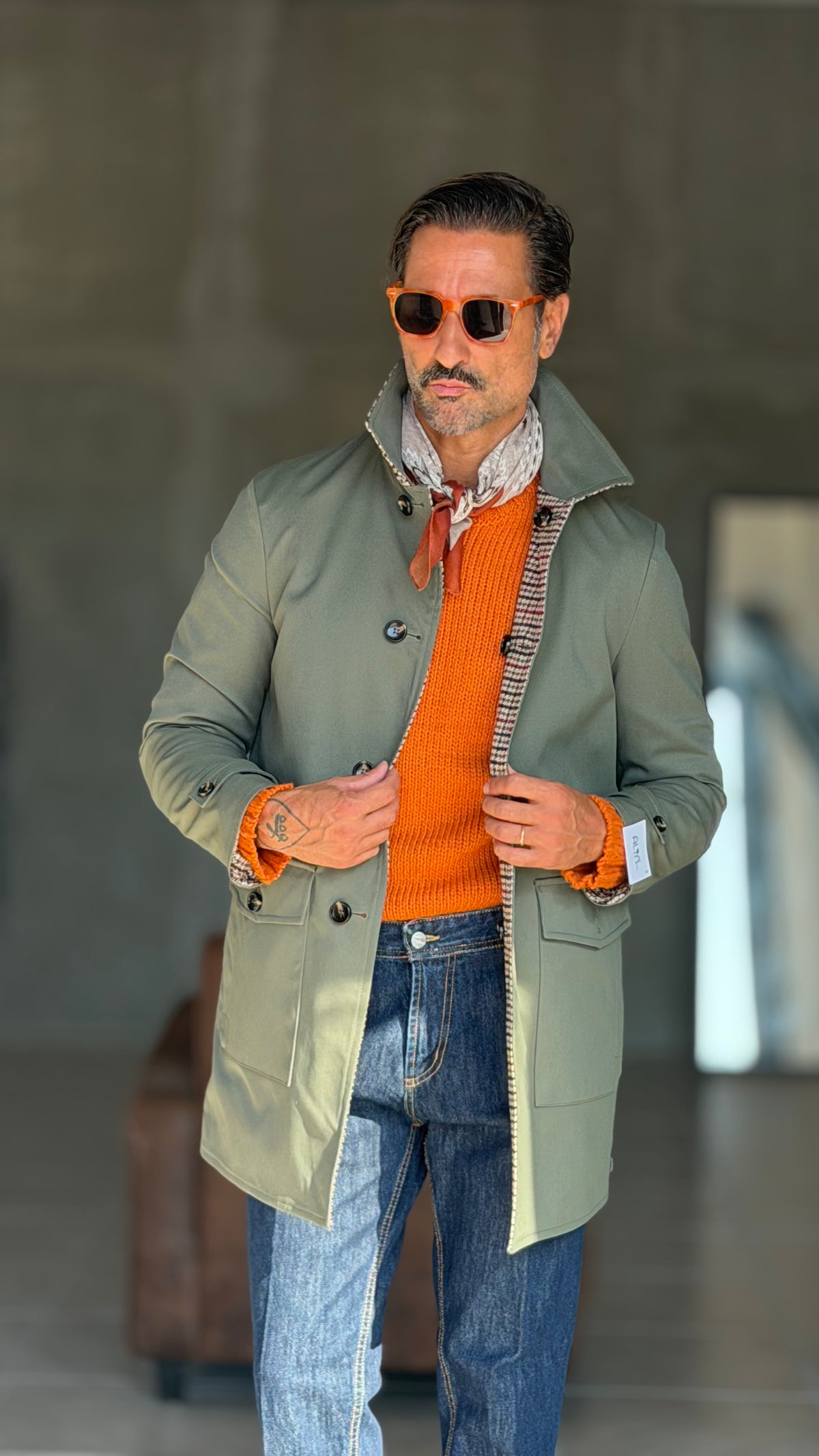 TRENCH  VERDE  DOUBLEFACE PIE DE POULE ALTATENSIONE