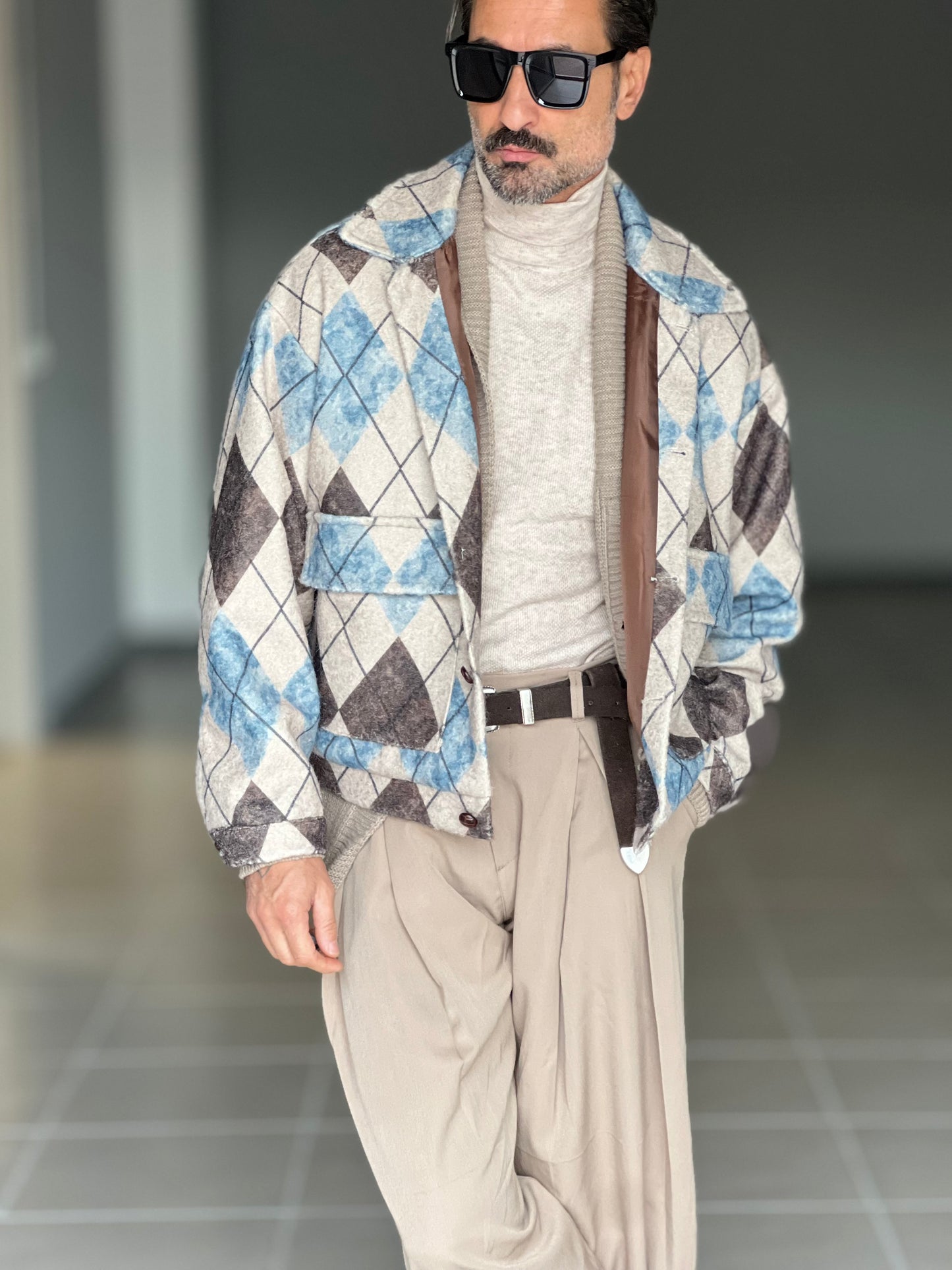 FILL JACKET ROMBO MORO PANNA E CELESTE CROP