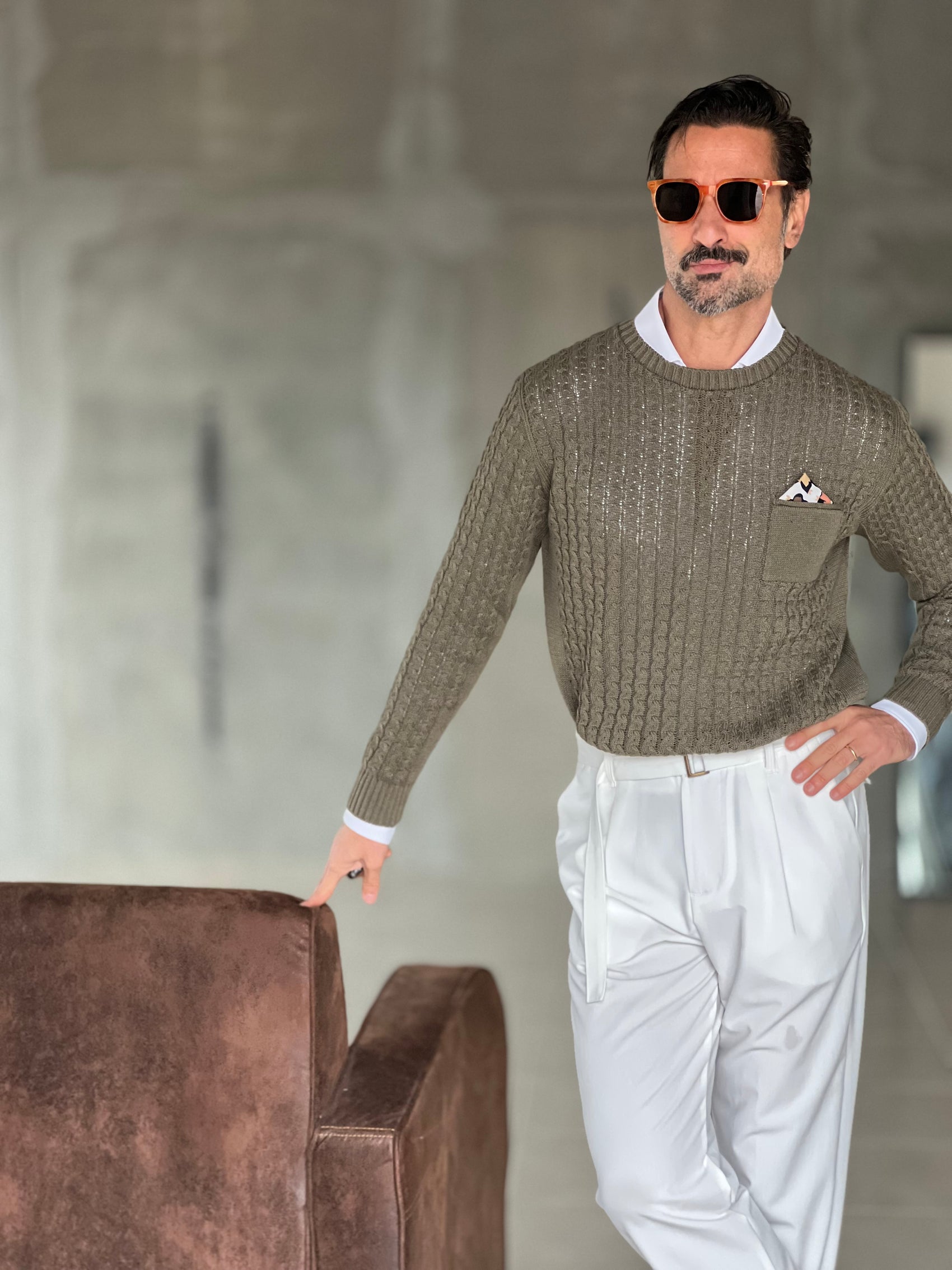 MAGLIA SALVIA  TRECCIA COTONE TASCHINO