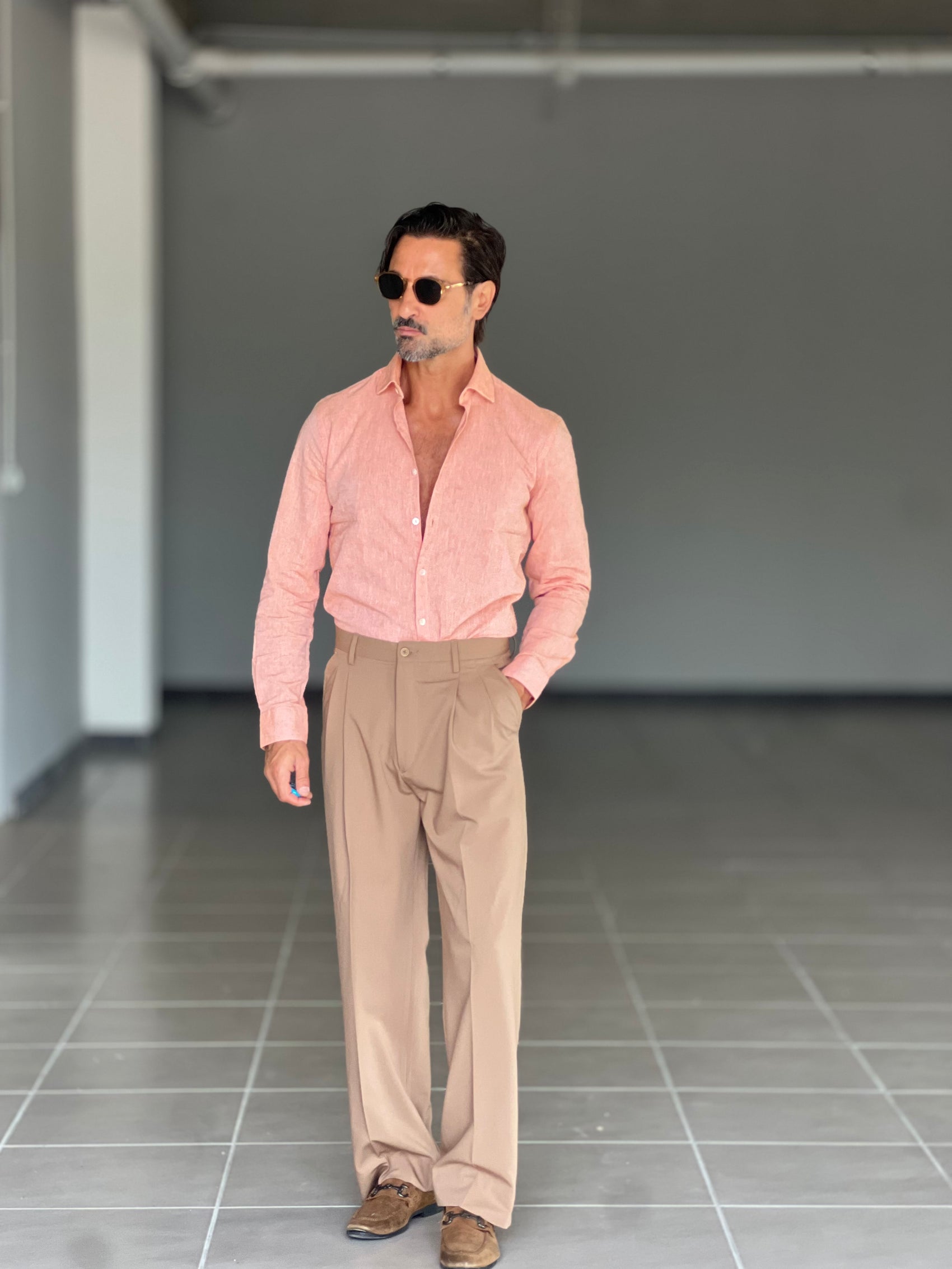CAMICIA  ARANCIO  LINO E MISTI COLLO ITALIANO