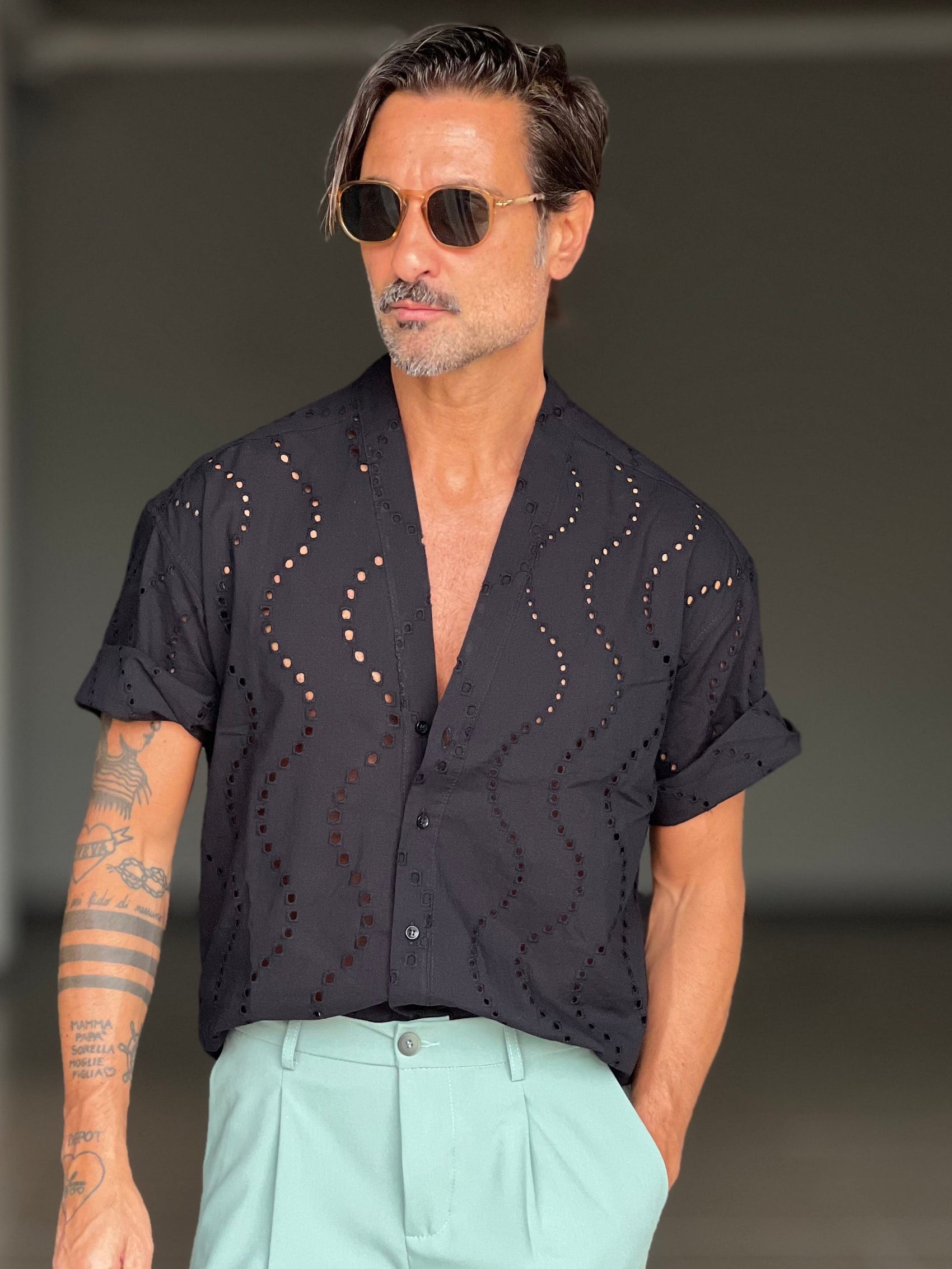 CAMICIA NERA KIMONO  CROP LINO E MISTI 00202