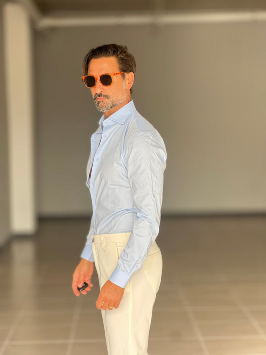 CAMICIA CELESTE COTONE COLLO ITALIANO STRECH