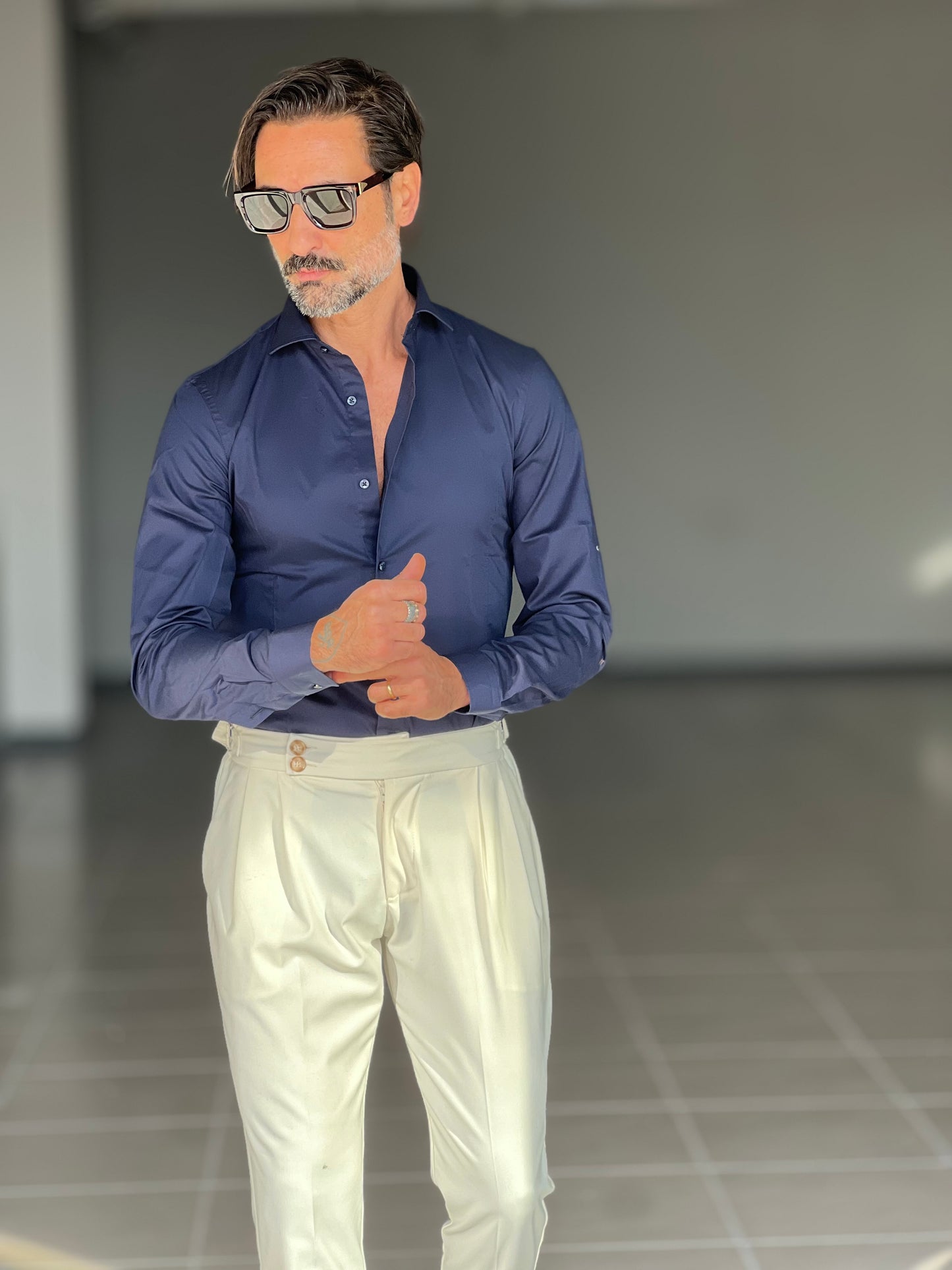 CAMICIA BLU    POPELINE DI COTONE STRECH