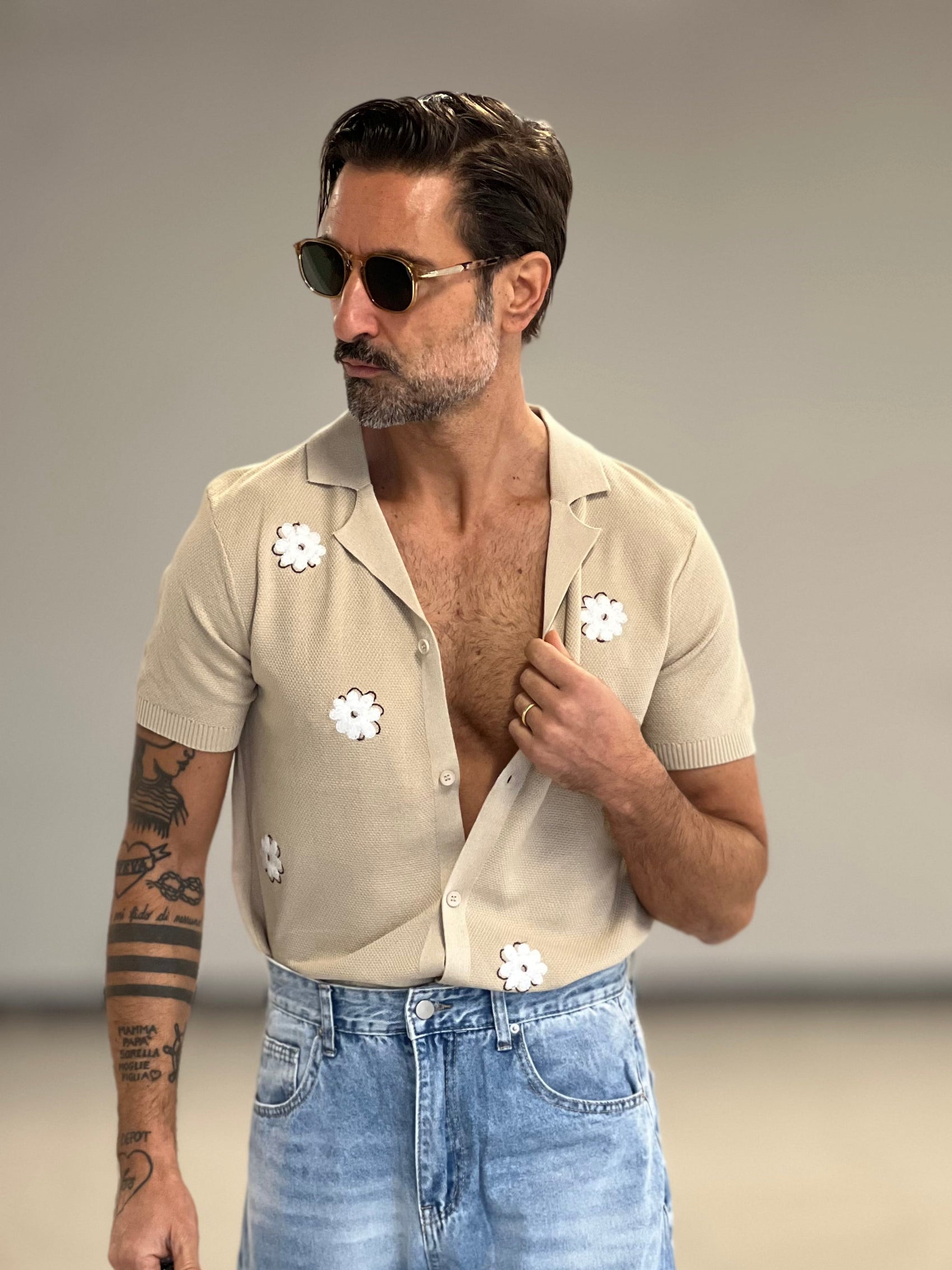 POLO  CAMICIA CAMMELLO    RICAMO FIORE