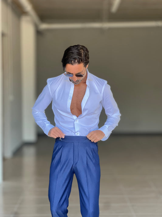 PANTALONE EFFETTO DENIM SCURO  VITA ALTA PINCES VISCOSA petro'