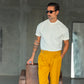PANTALONE GIALLO UOVO  VITA ALTA PINCES VISCOSA  EFFETTO FLANELLA BATTUTA