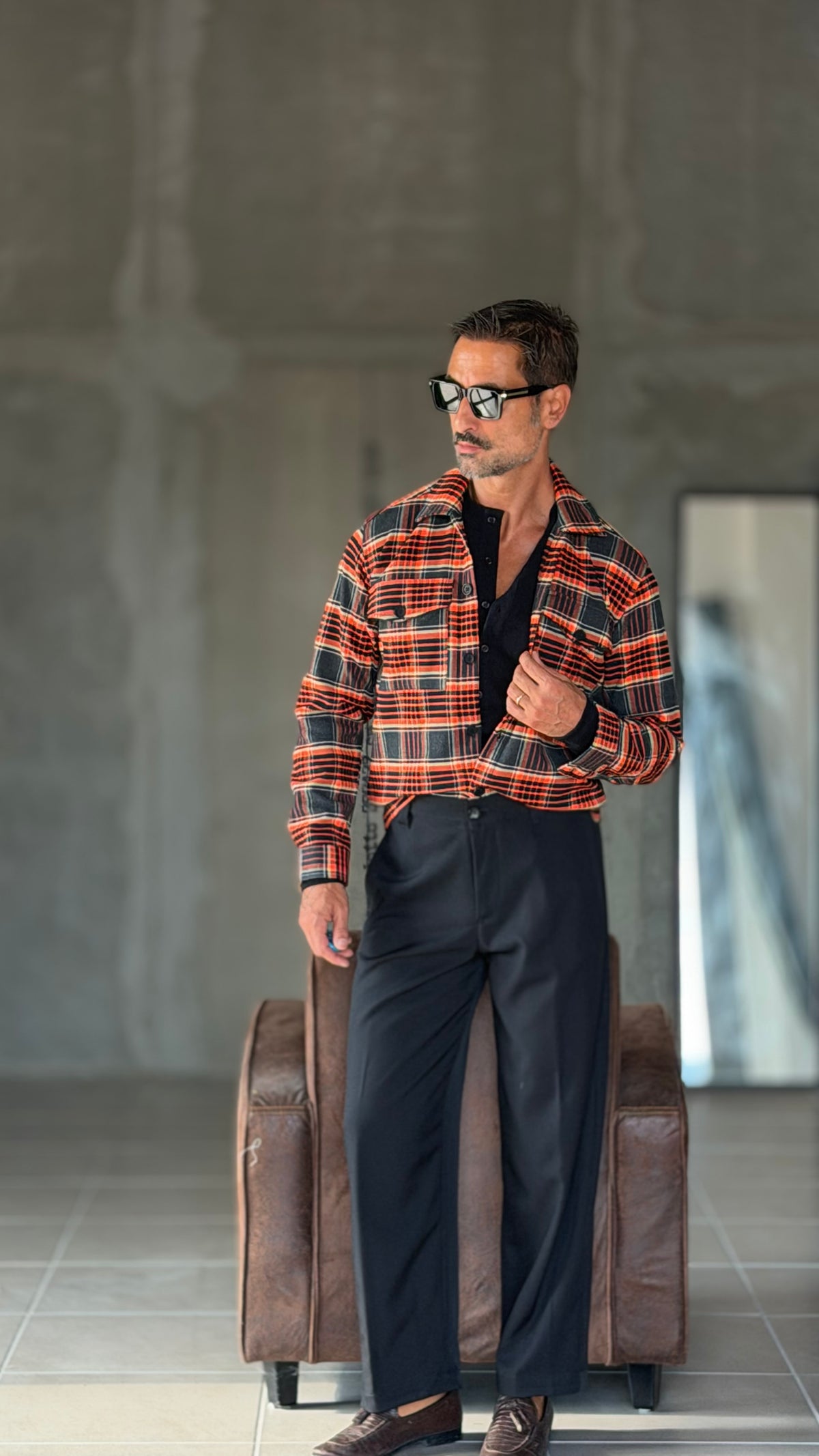 CAMICIA  FLANELLA QUADRO ARANCIO NERO STAMPA SPALLE 1003