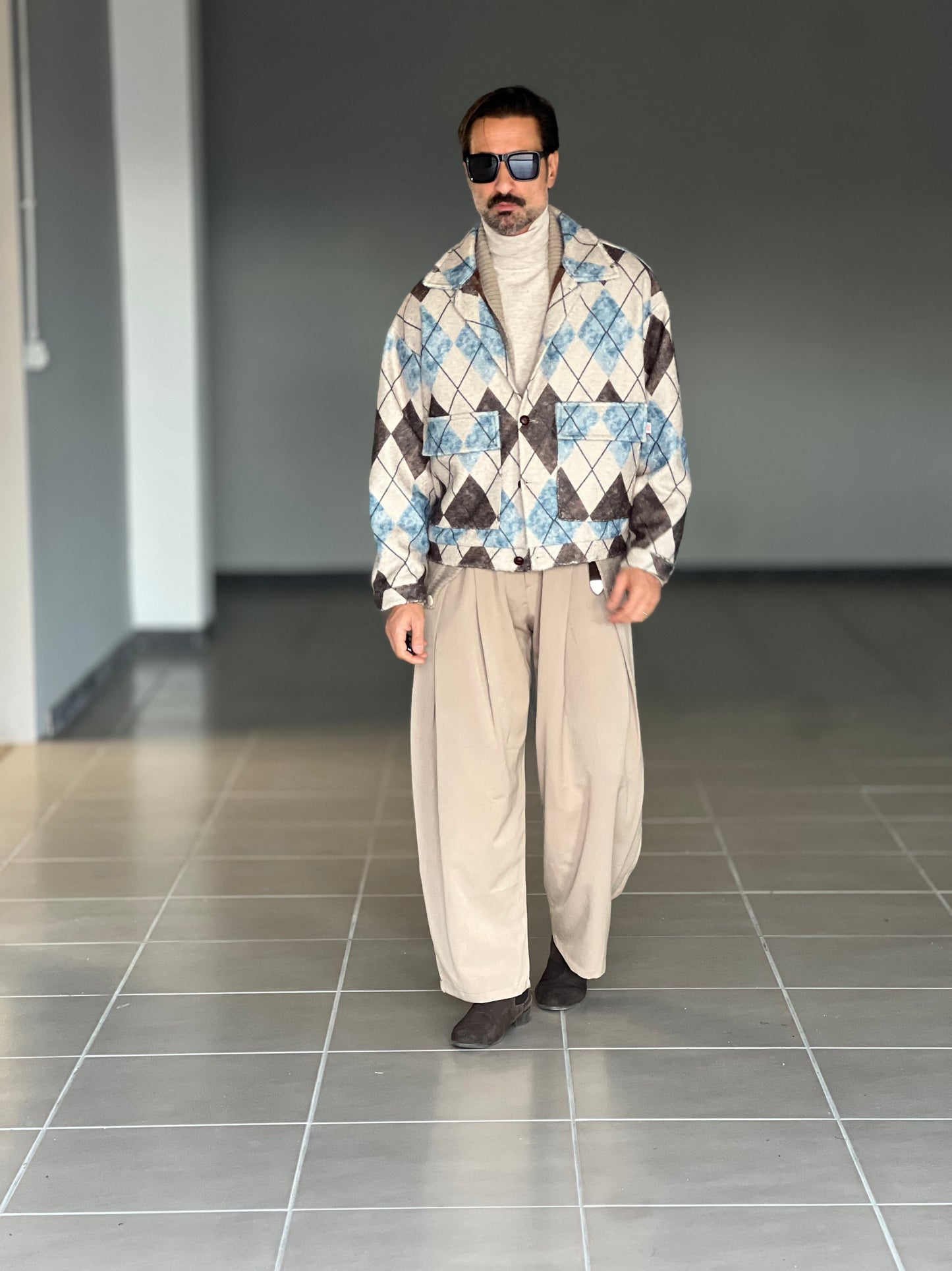 FILL JACKET ROMBO MORO PANNA E CELESTE CROP