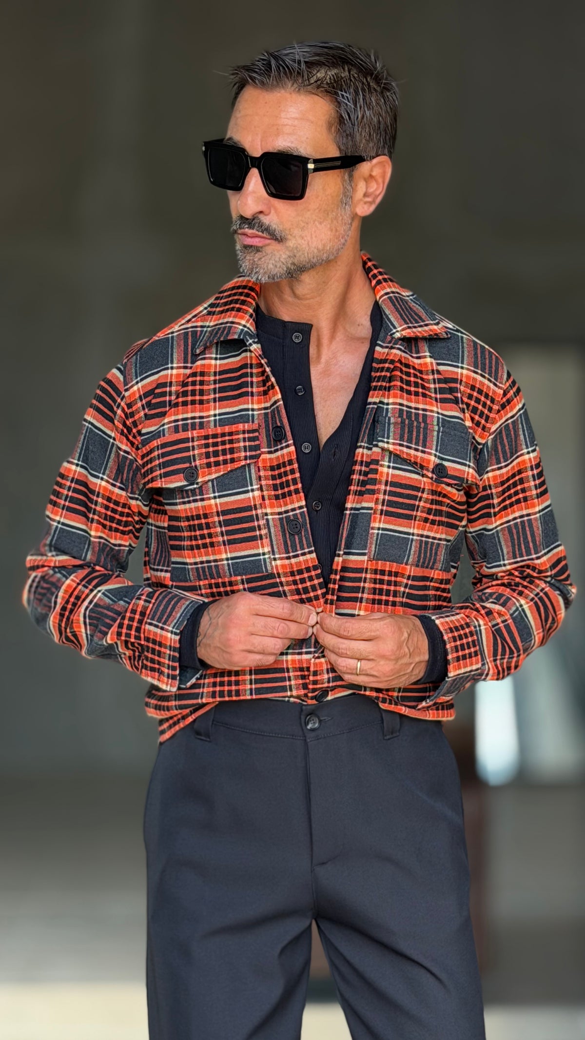 CAMICIA  FLANELLA QUADRO ARANCIO NERO STAMPA SPALLE 1003